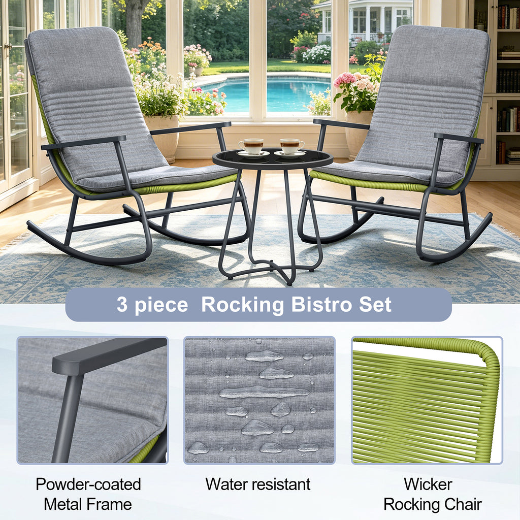 Arttoreal 3-Piece Patio Rocking Chair Bistro Set, Heavy Duty 330 LBS Rocking Chairs with 17.3" Side Table, Gray Cushion & Green Wicker for Garden, Balcony