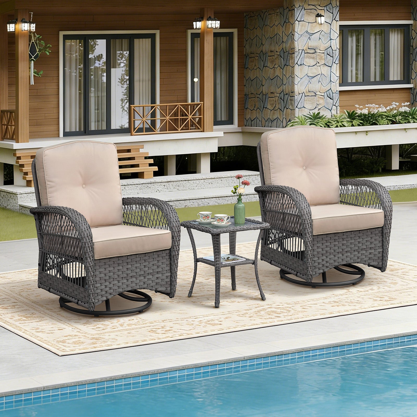 Arttoreal Outdoor Swivel Rocker Patio Chairs Set of 2 and Matching Side Table / 3 Piece Wicker Patio Bistro Set with Premium Fabric Cushions