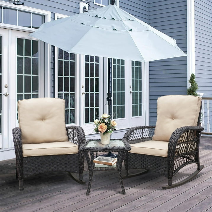 3 Pieces Outdoor Wicker Rocking Chair Set/Patio Conversation Set with 2 Rattan Rocker Chairs and Glass Coffee Table