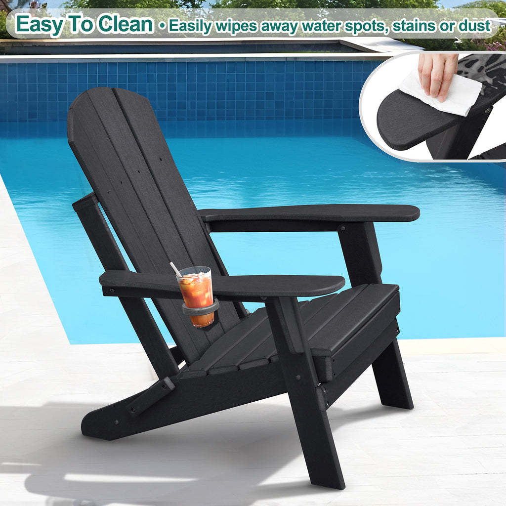 3 Pieces Folding Adirondack Chairs, Patio Fire Pit Chairs, Outdoor Weather Resistant Lounger with Cup Holder, Coffee Table for Deck, Backyard, Garden