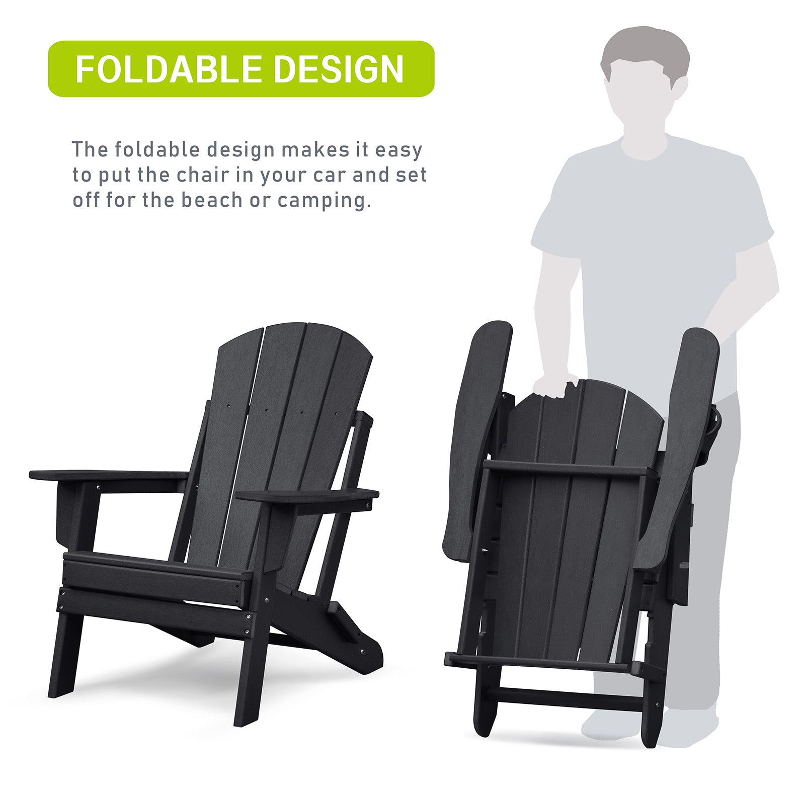 3-piece folding Adirondack chair set with cushions, patio fireplace chair, outdoor weather-resistant chair, with cup holder and coffee table, suitable for patio, backyard, and garden.