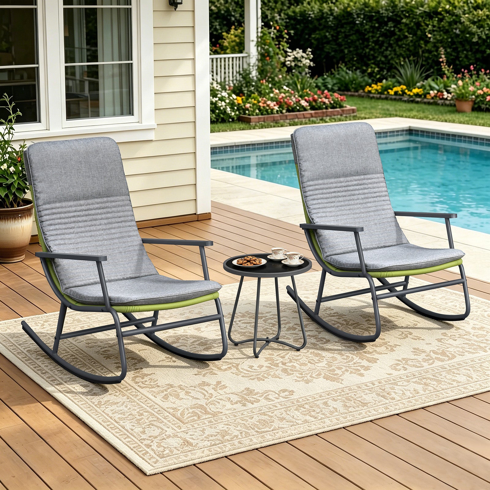 Arttoreal 3-Piece Patio Rocking Chair Bistro Set, Heavy Duty 330 LBS Rocking Chairs with 17.3" Side Table, Gray Cushion & Green Wicker for Garden, Balcony