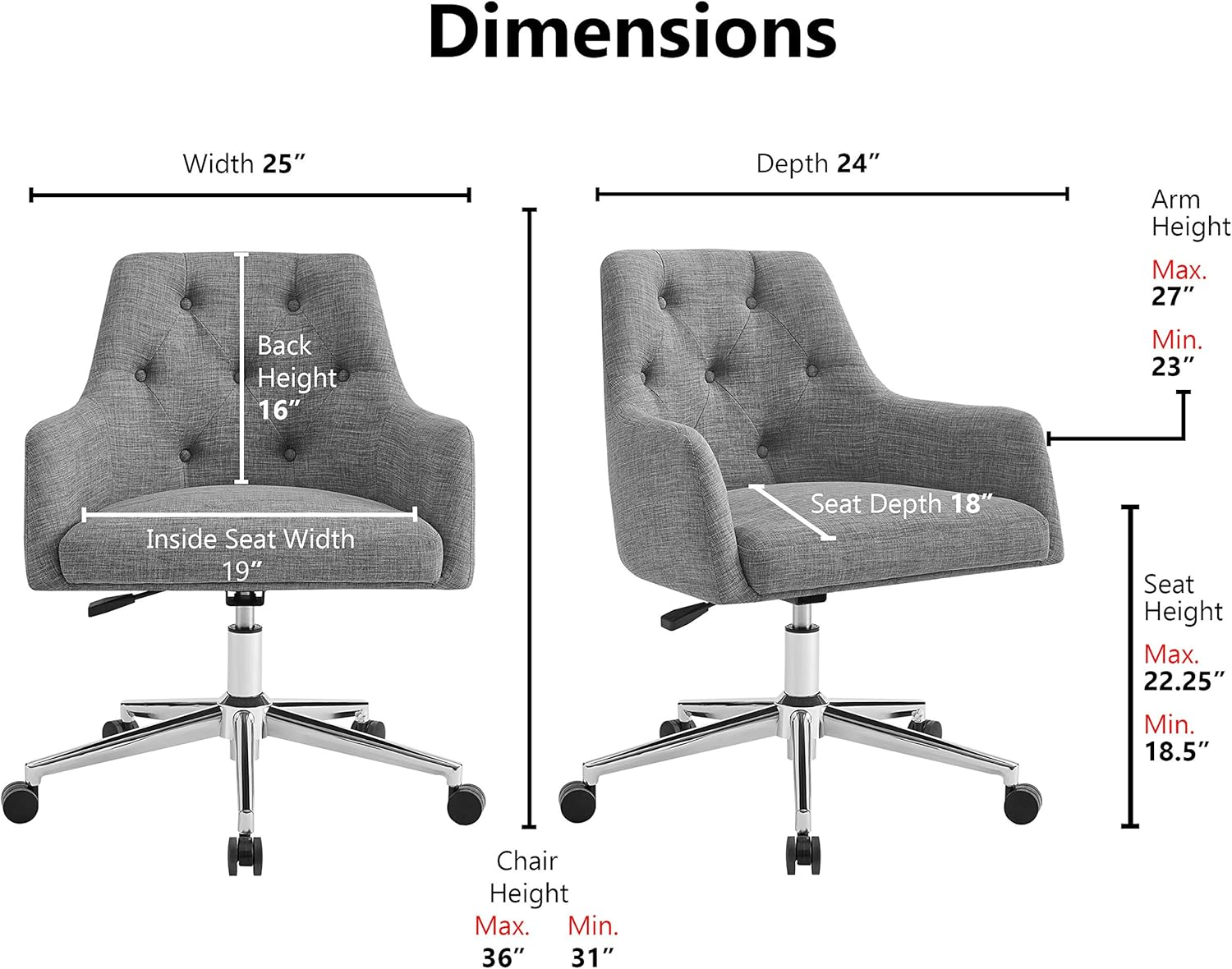 Arttoreal Hardy - Home Office Chair with Height Adjustment and Button Tufting, Standard, Grey