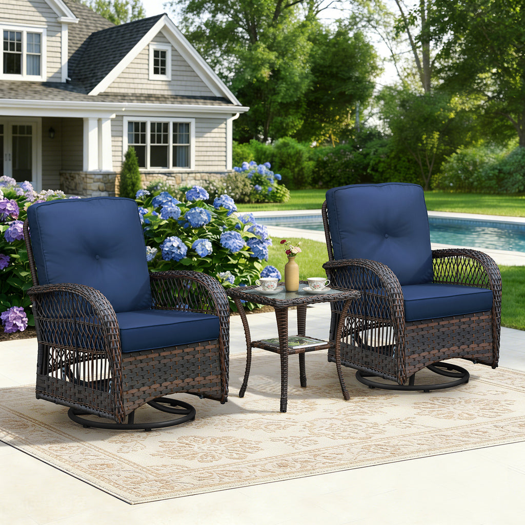 Arttoreal Outdoor Swivel Rocker Patio Chairs Set of 2 and Matching Side Table / 3 Piece Wicker Patio Bistro Set with Premium Fabric Cushions