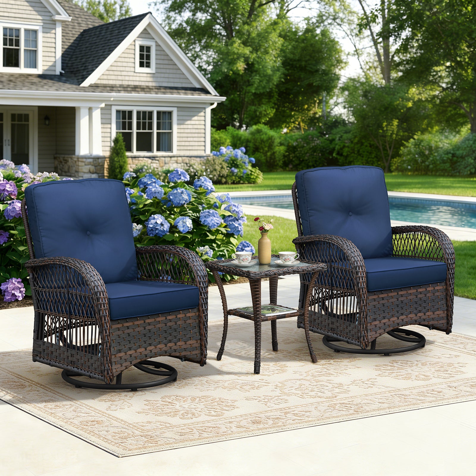 Arttoreal Outdoor Swivel Rocker Patio Chairs Set of 2 and Matching Side Table / 3 Piece Wicker Patio Bistro Set with Premium Fabric Cushions