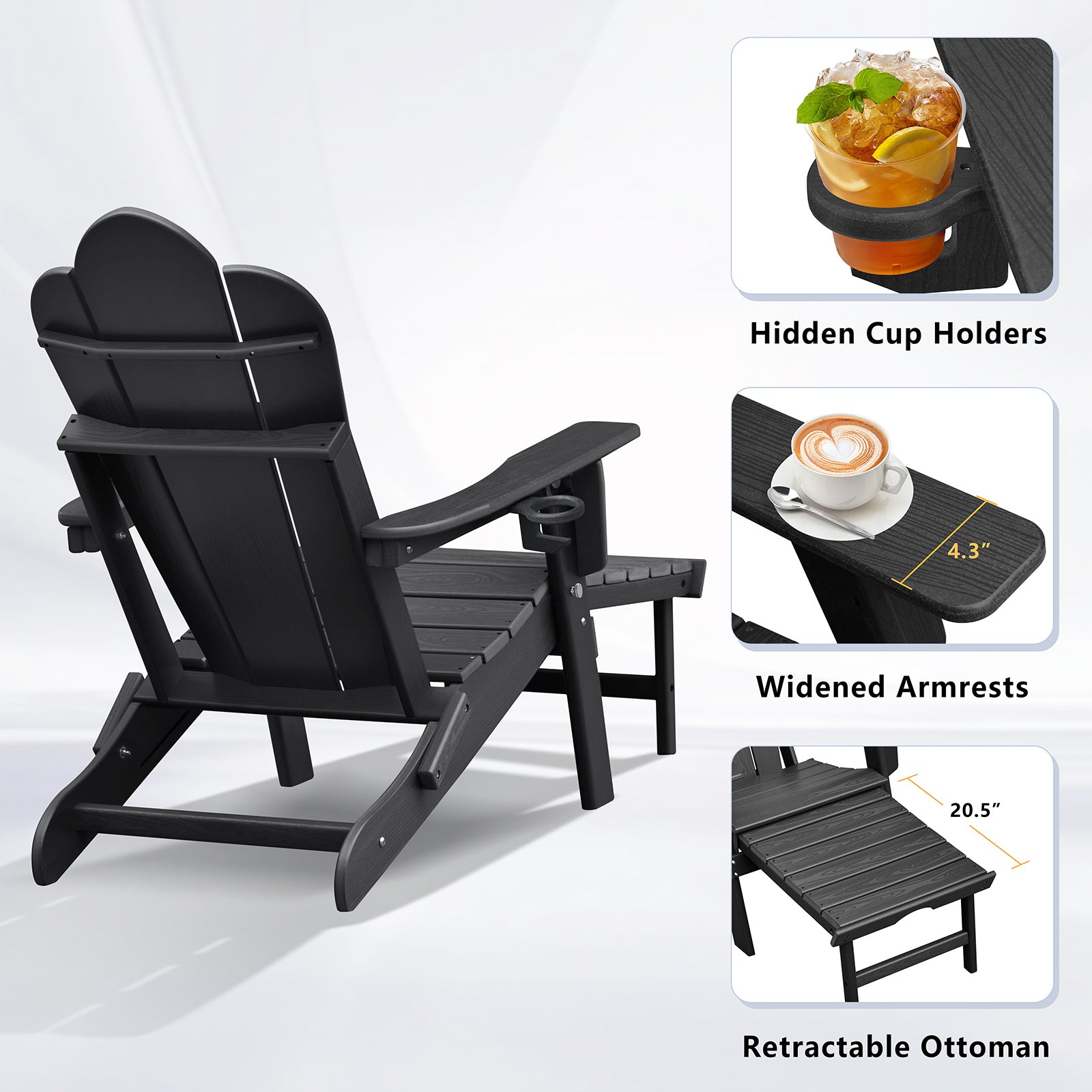 【Arttoreal】 New Adirondack-Chairs-with-Ottoman  | Folding | Retractable-Footrest | HDPE Plastic | All Weather Fire Pit Chair | Cup Holders | Blue | for Outdoor Poolside