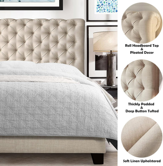 Upholstered fabric bed frame with adjustable headboard, Chesterfield style, wooden slatted supports, easy to assemble, single size