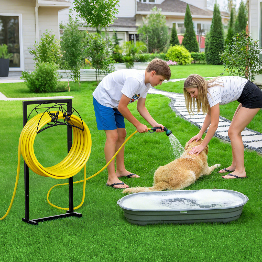 Arttoreal Freestanding Garden Hose Holder, Metal Water Hose Stand with 4 Ground Stakes, Detachable Storage Rack for Yard Lawn Patio
