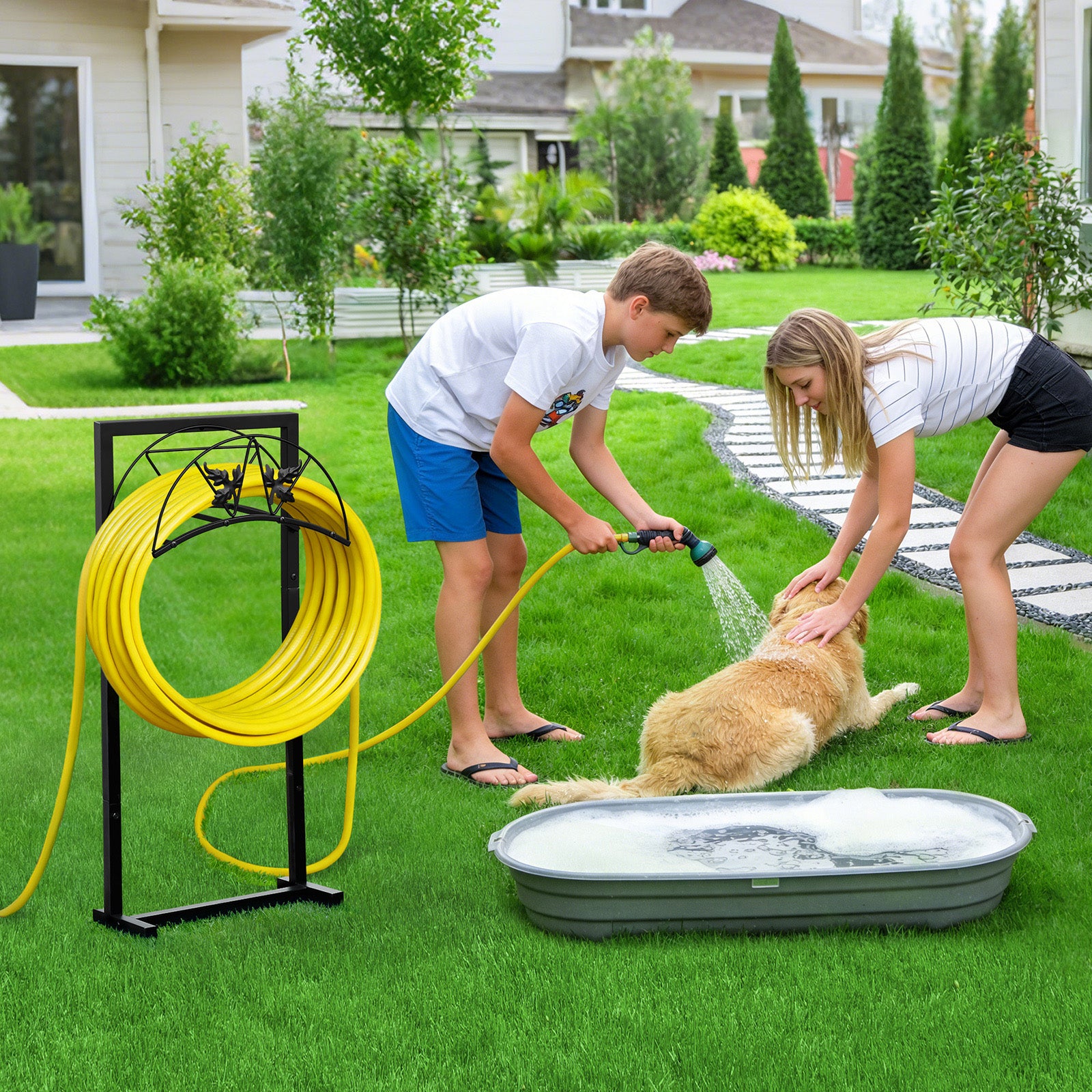 Arttoreal Freestanding Garden Hose Holder, Metal Water Hose Stand with 4 Ground Stakes, Detachable Storage Rack for Yard Lawn Patio