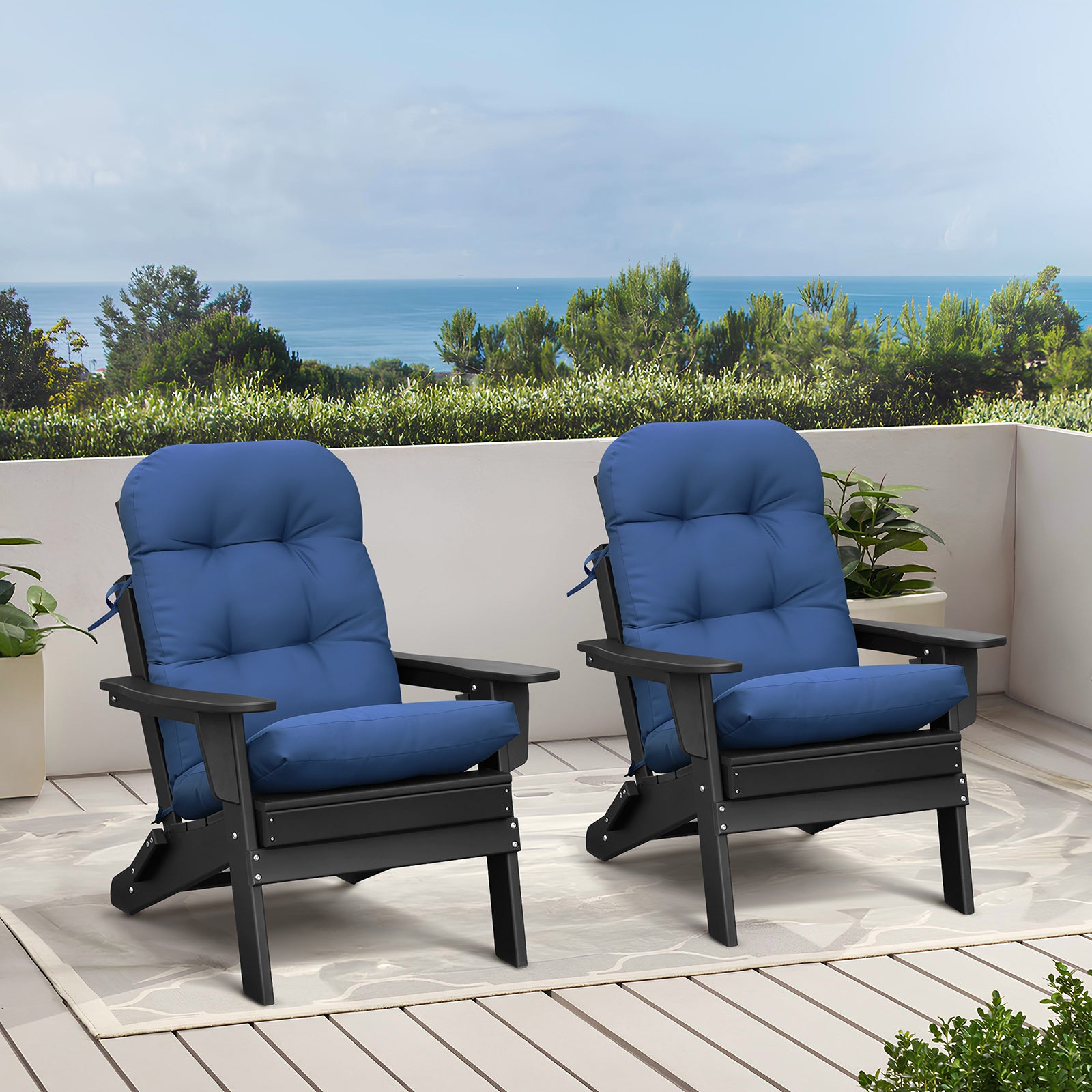 3-piece folding Adirondack chair set with cushions, patio fireplace chair, outdoor weather-resistant chair, with cup holder and coffee table, suitable for patio, backyard, and garden.