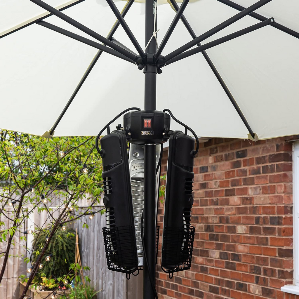 az patio heaters umbrella base heater SUNHEAT Portable Propane with Drink Table, Golden Hammered the three heating elements can be used individually AZ Patio 34" Umbrella Base