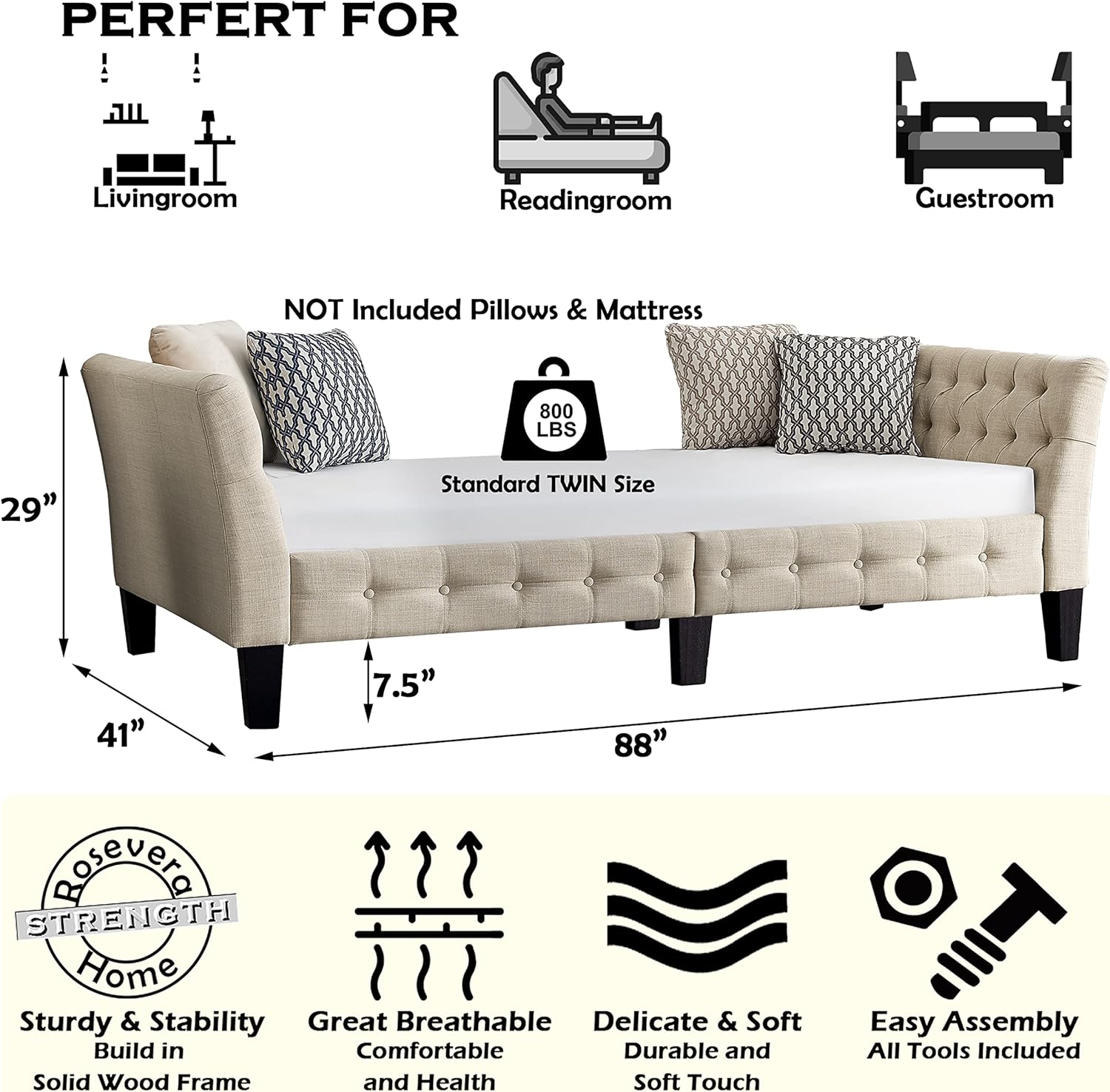 Button tufted, high quality polyester fiber cushion, wooden legs, easy to assemble, single bed, living room, bedroom sofa bed, sofa bed without backrest, warm beige