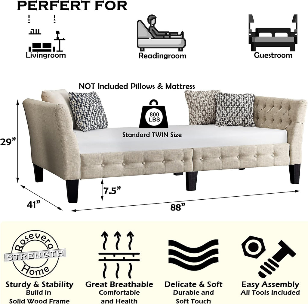 Button tufted, high quality polyester fiber cushion, wooden legs, easy to assemble, single bed, living room, bedroom sofa bed, sofa bed without backrest, warm beige