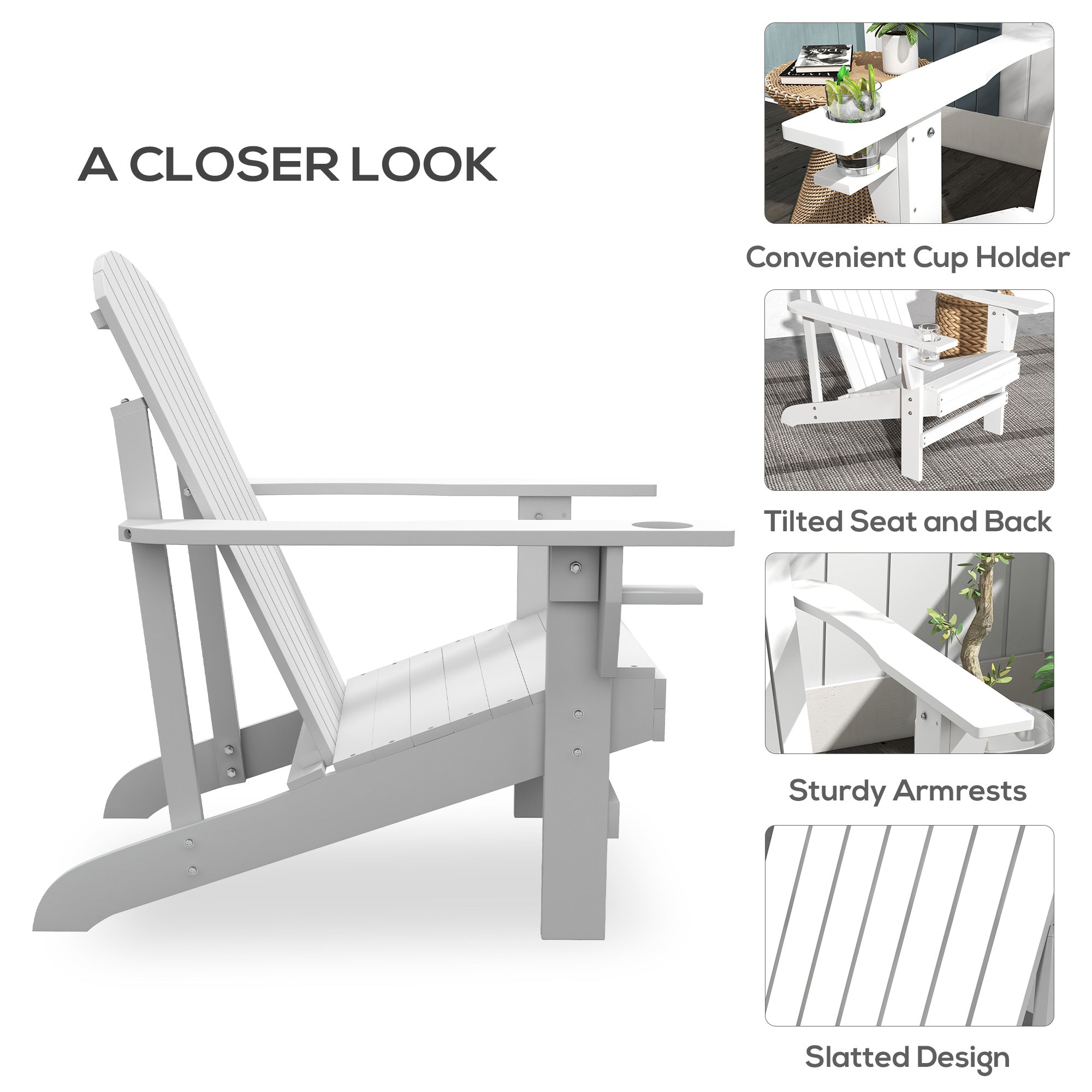 Wooden Adirondack Chair, Outdoor Patio Lawn Chair with Cup Holder, Weather Resistant Lawn Furniture, Classic Lounge Chair for Deck, Garden, Backyard, Fire Pit, White