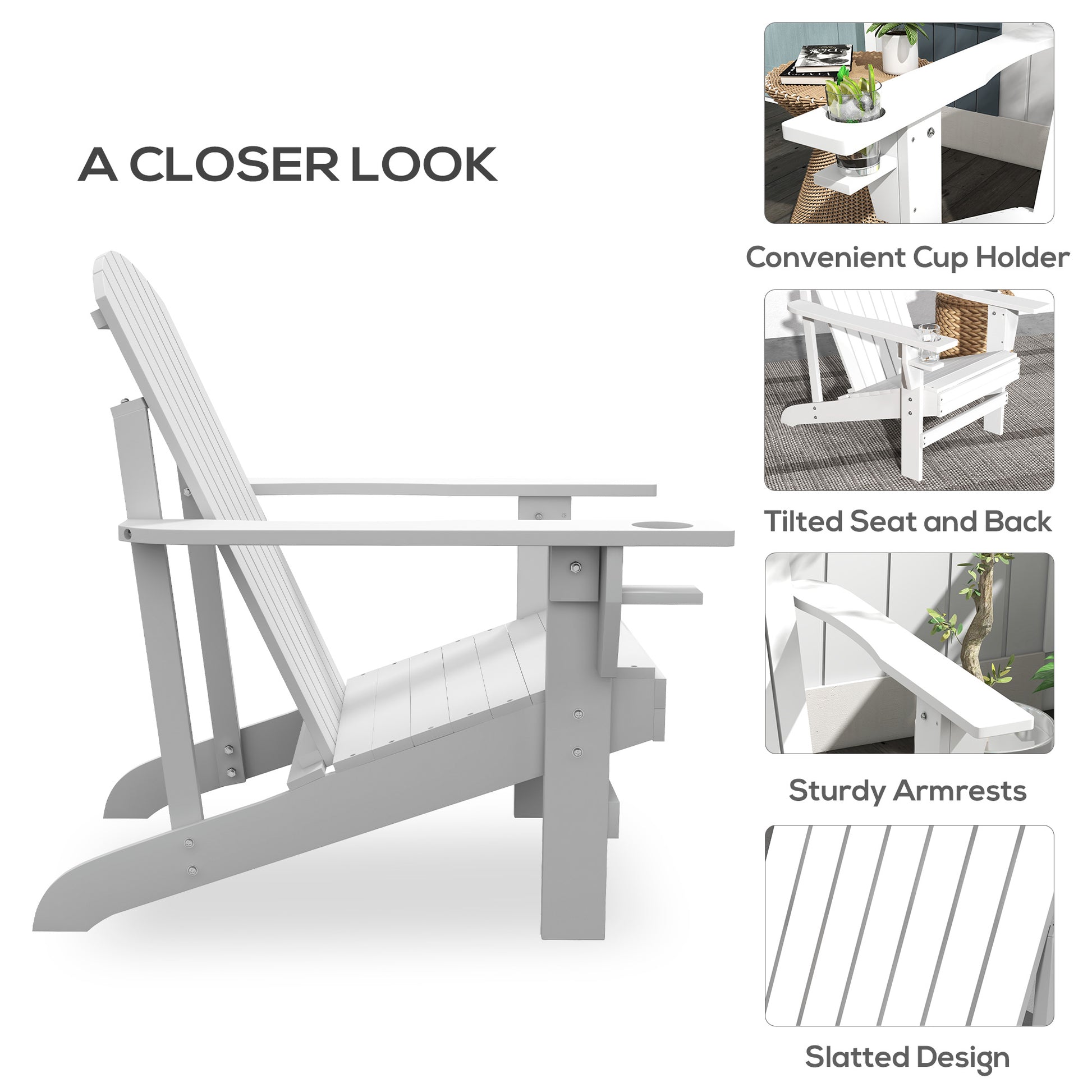 Wooden Adirondack Chair, Outdoor Patio Lawn Chair with Cup Holder, Weather Resistant Lawn Furniture, Classic Lounge Chair for Deck, Garden, Backyard, Fire Pit, White