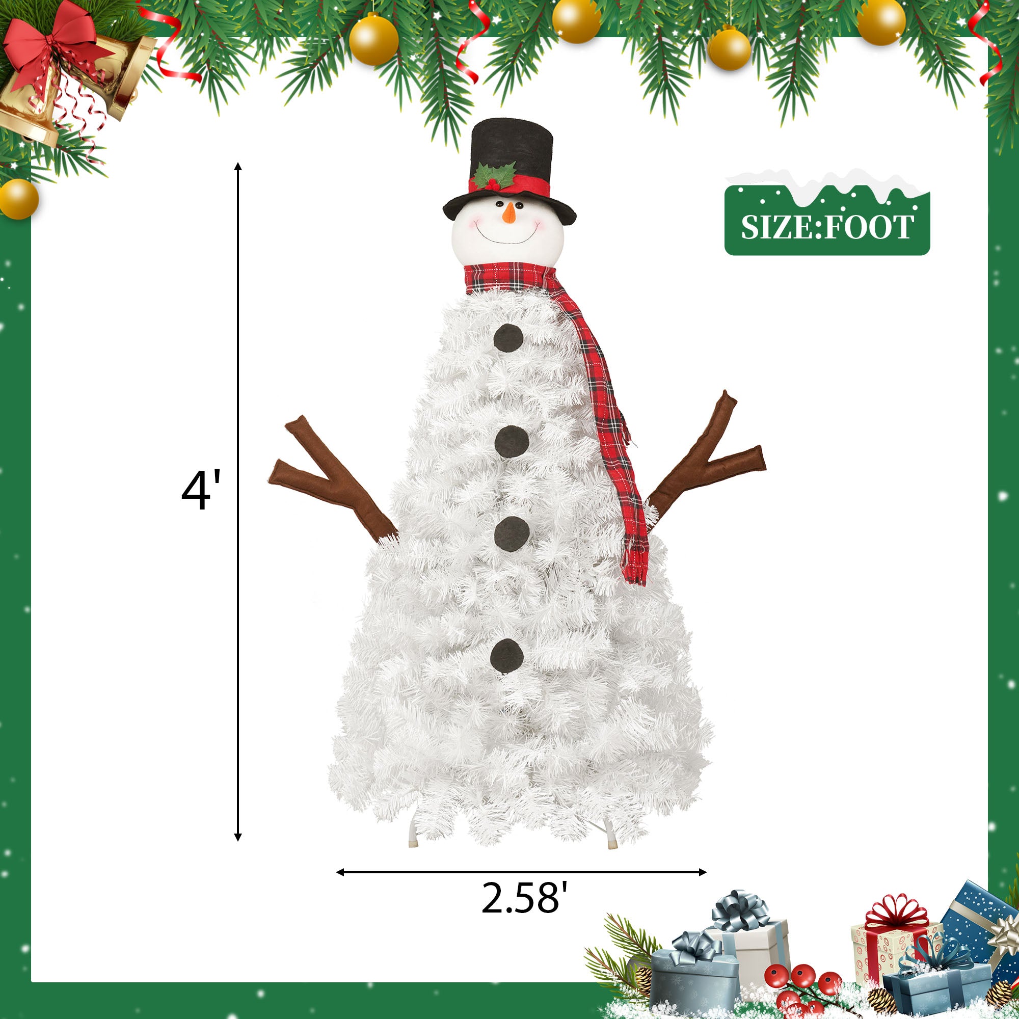 4ft Pre-Lit Snowman Christmas Tree with 100 Lights, 380-Tip PVC Artificial Tree for Indoor/Outdoor Holiday Decoration