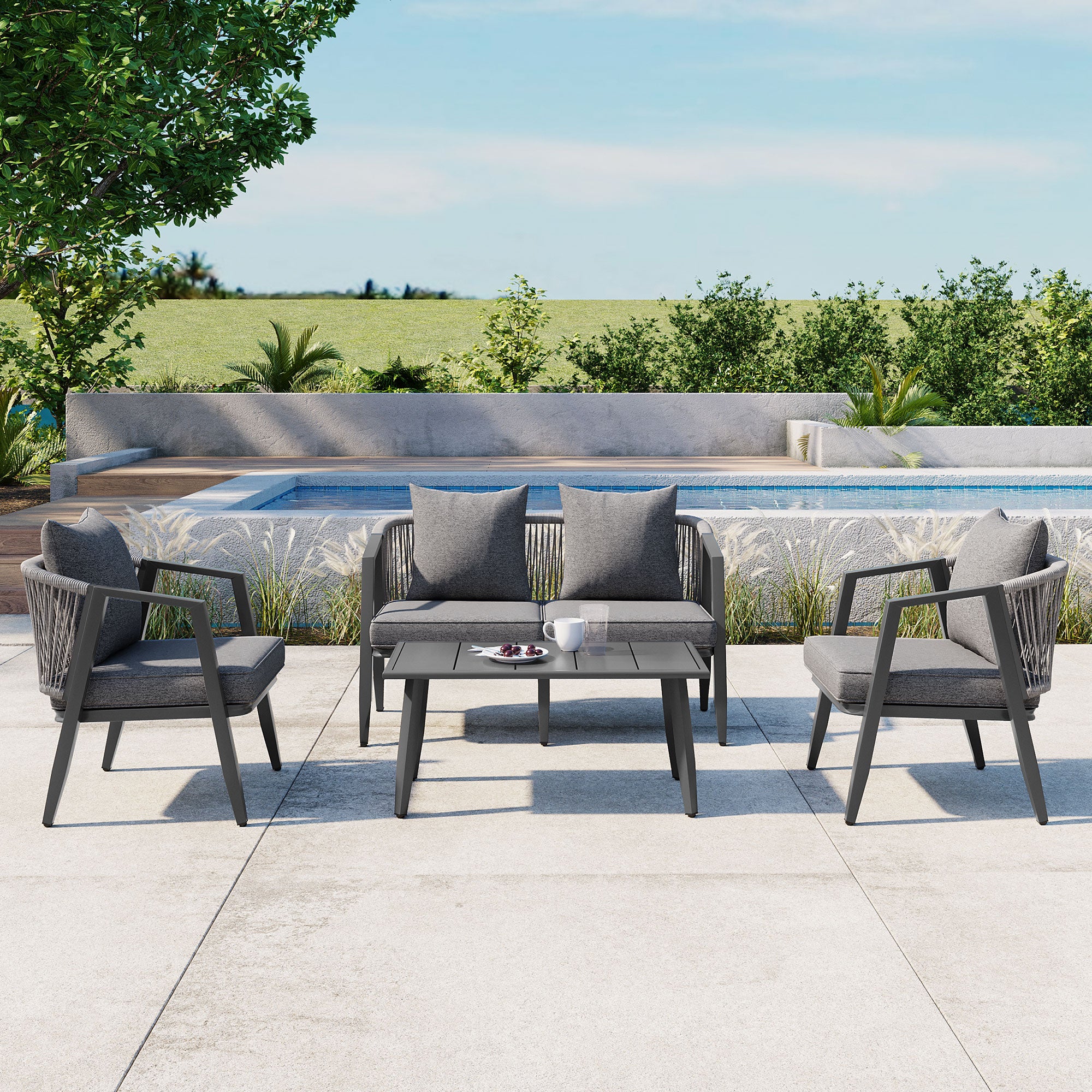 Durable Outdoor Seating Set for Patio, Lawn & Poolside – Comfortable 4-Piece Furniture