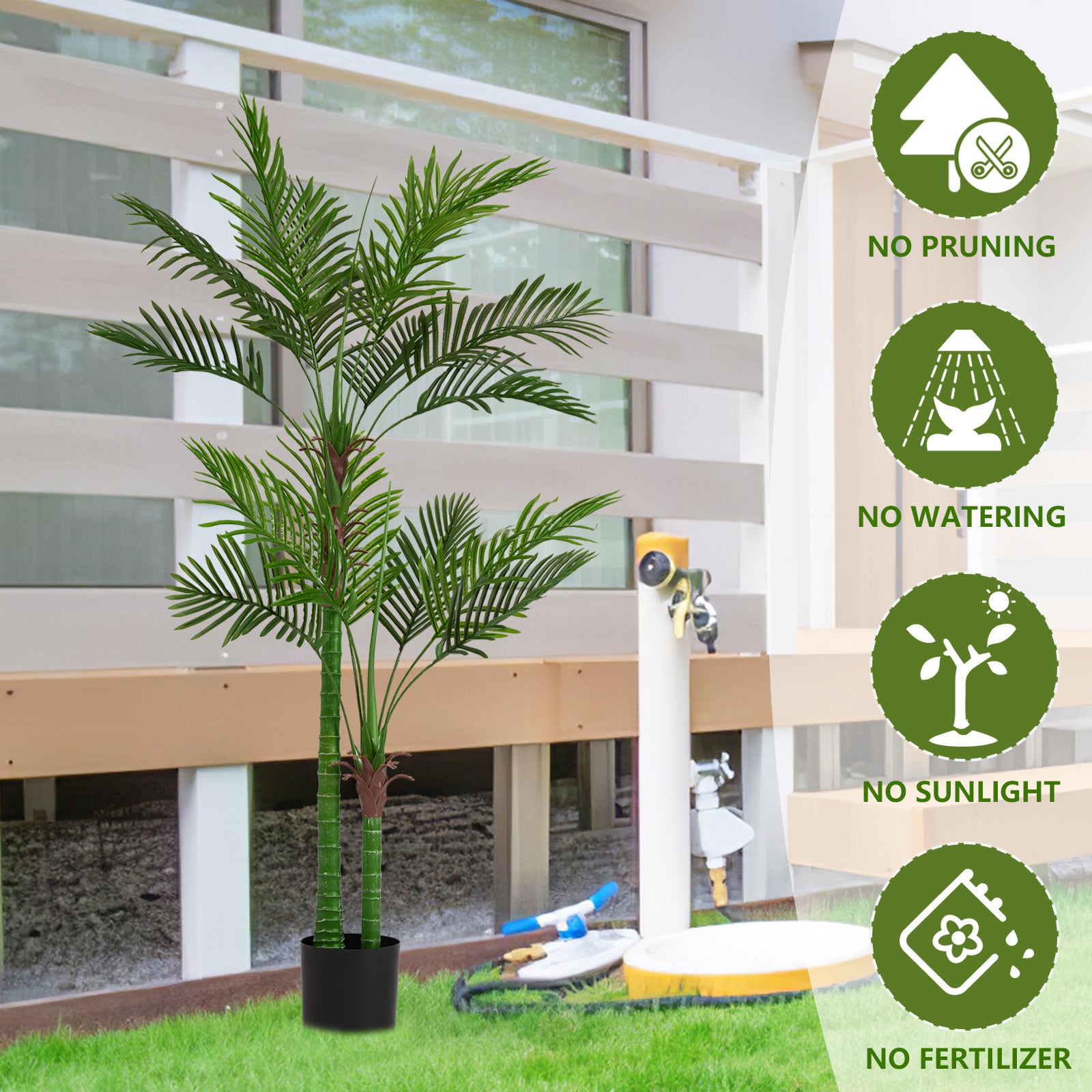 Artificial Golden Cane Palm Tree, 180cm Tall Faux Areca Palm Plant in Pot for Indoor or Outdoor Home and Office Decor, Adjustable Trunk,