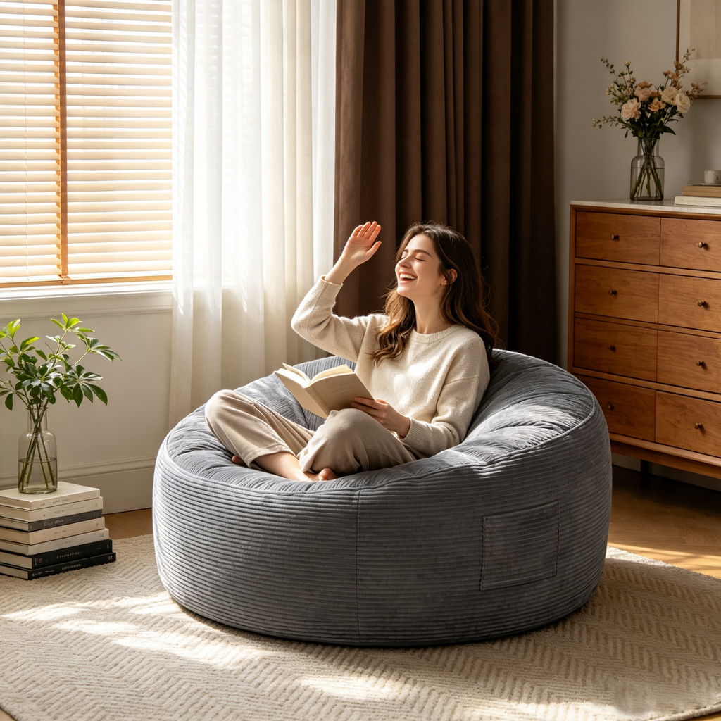 Arttoreal Bean Bag Chair with Foot Stool, 40.5" Corduroy Bean Bag Sofa for Living Room Bedroom