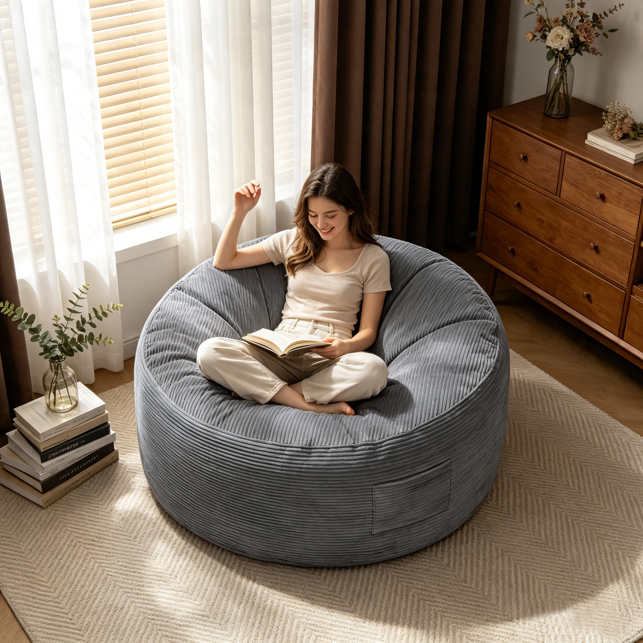 Arttoreal Bean Bag Chair with Foot Stool, 40.5" Corduroy Bean Bag Sofa for Living Room Bedroom