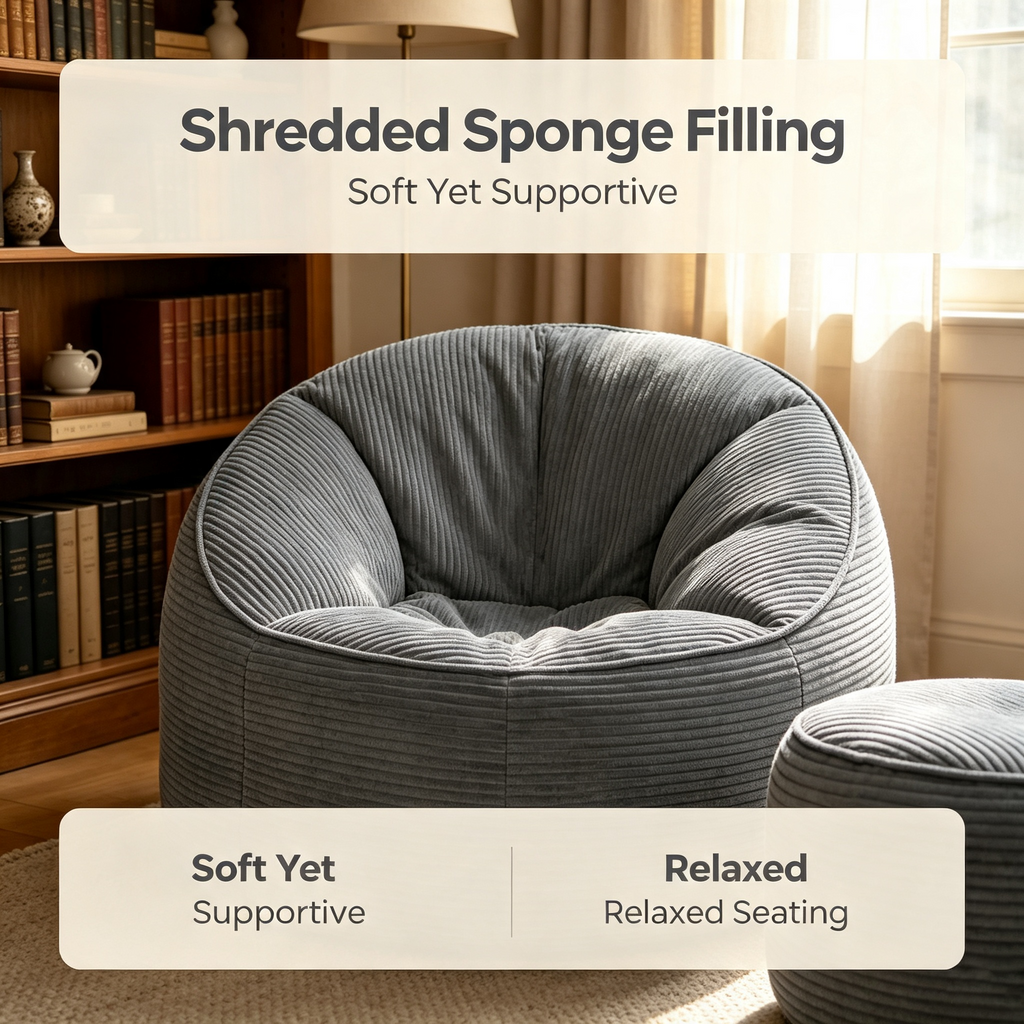 Arttoreal Bean Bag Chair with Foot Stool, 40.5" Corduroy Bean Bag Sofa for Living Room Bedroom