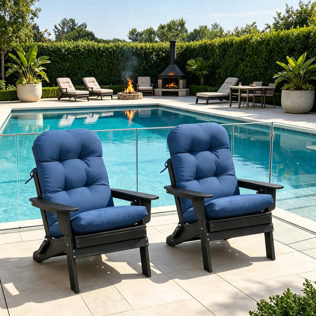 3-piece folding Adirondack chair set with cushions, patio fireplace chair, outdoor weather-resistant chair, with cup holder and coffee table, suitable for patio, backyard, and garden.