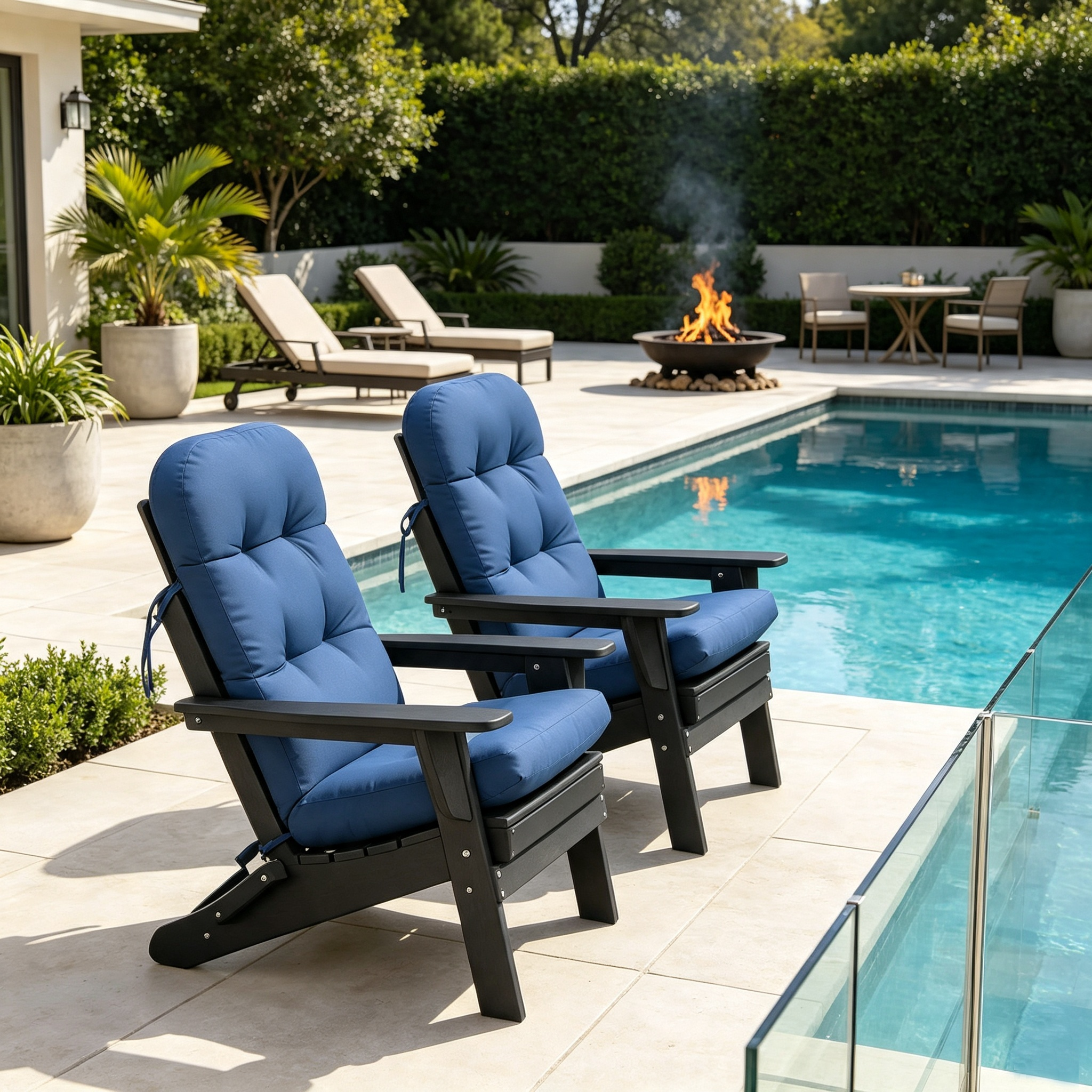 3-piece folding Adirondack chair set with cushions, patio fireplace chair, outdoor weather-resistant chair, with cup holder and coffee table, suitable for patio, backyard, and garden.