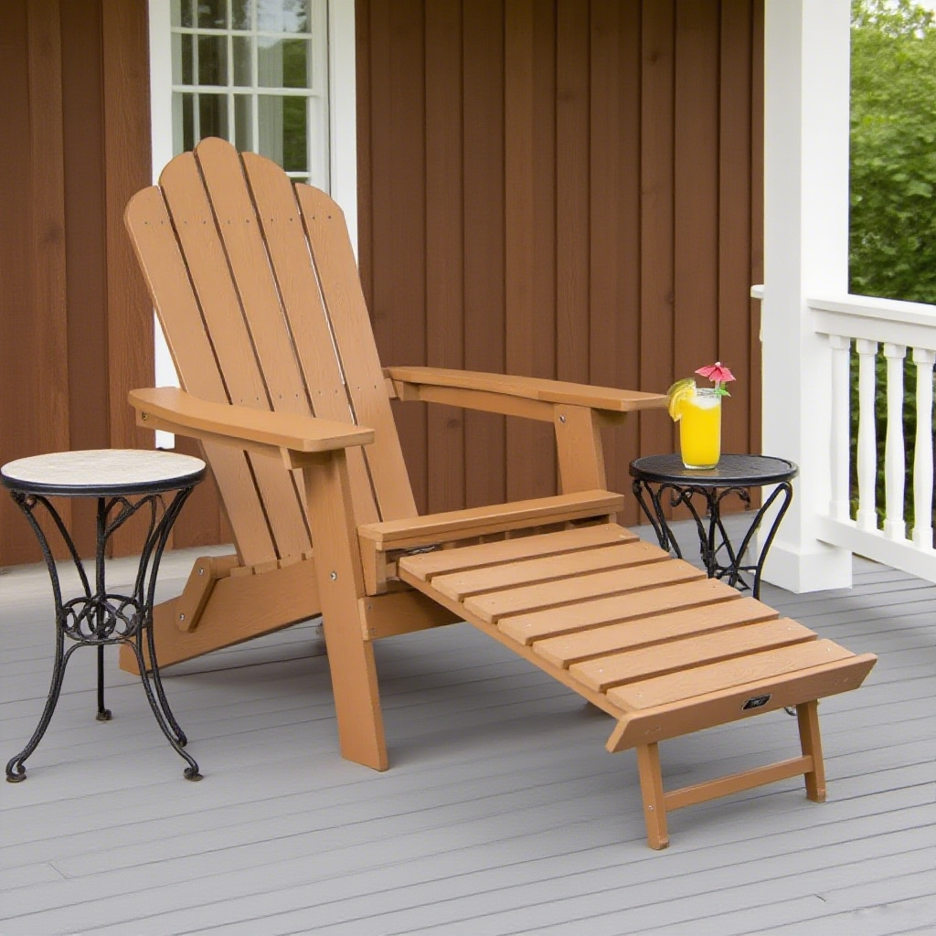 Patio Folding Adirondack Chair with Retractable Ottoman, Cup Holder for Porch, Pool, Deck, Backyard, Garden