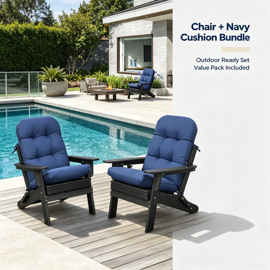 3-piece folding Adirondack chair set with cushions, patio fireplace chair, outdoor weather-resistant chair, with cup holder and coffee table, suitable for patio, backyard, and garden.
