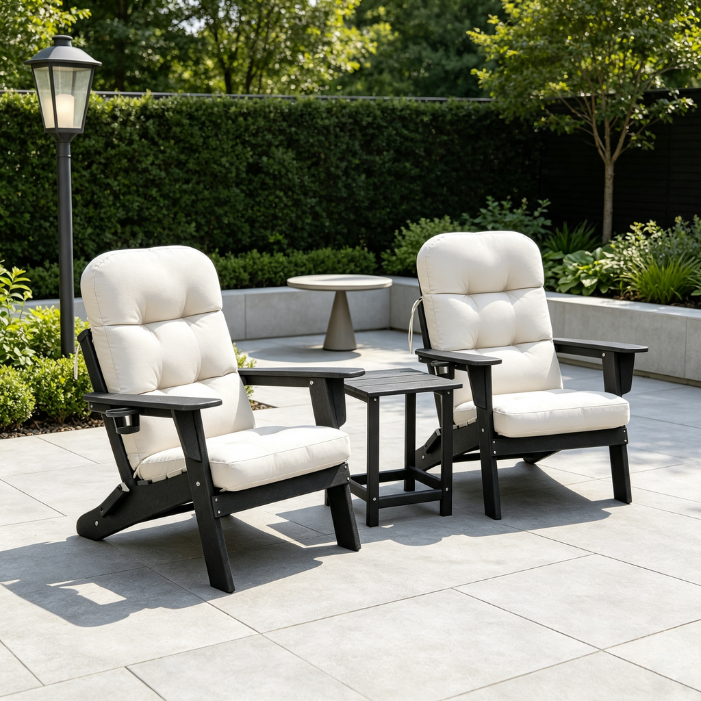 3-piece folding Adirondack chair set with cushions, patio fireplace chair, outdoor weather-resistant chair, with cup holder and coffee table, suitable for patio, backyard, and garden.
