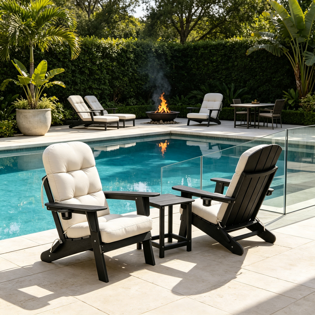 3-piece folding Adirondack chair set with cushions, patio fireplace chair, outdoor weather-resistant chair, with cup holder and coffee table, suitable for patio, backyard, and garden.