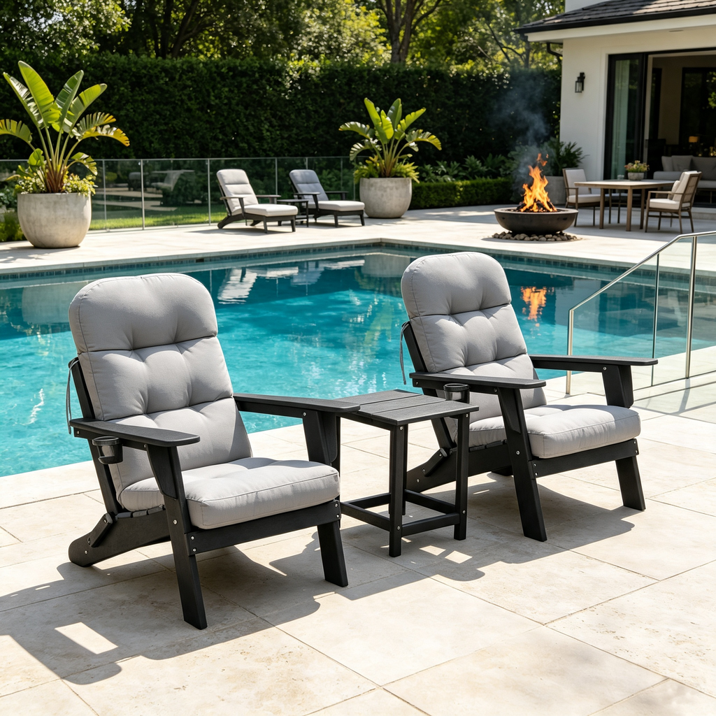 3-piece folding Adirondack chair set with cushions, patio fireplace chair, outdoor weather-resistant chair, with cup holder and coffee table, suitable for patio, backyard, and garden.