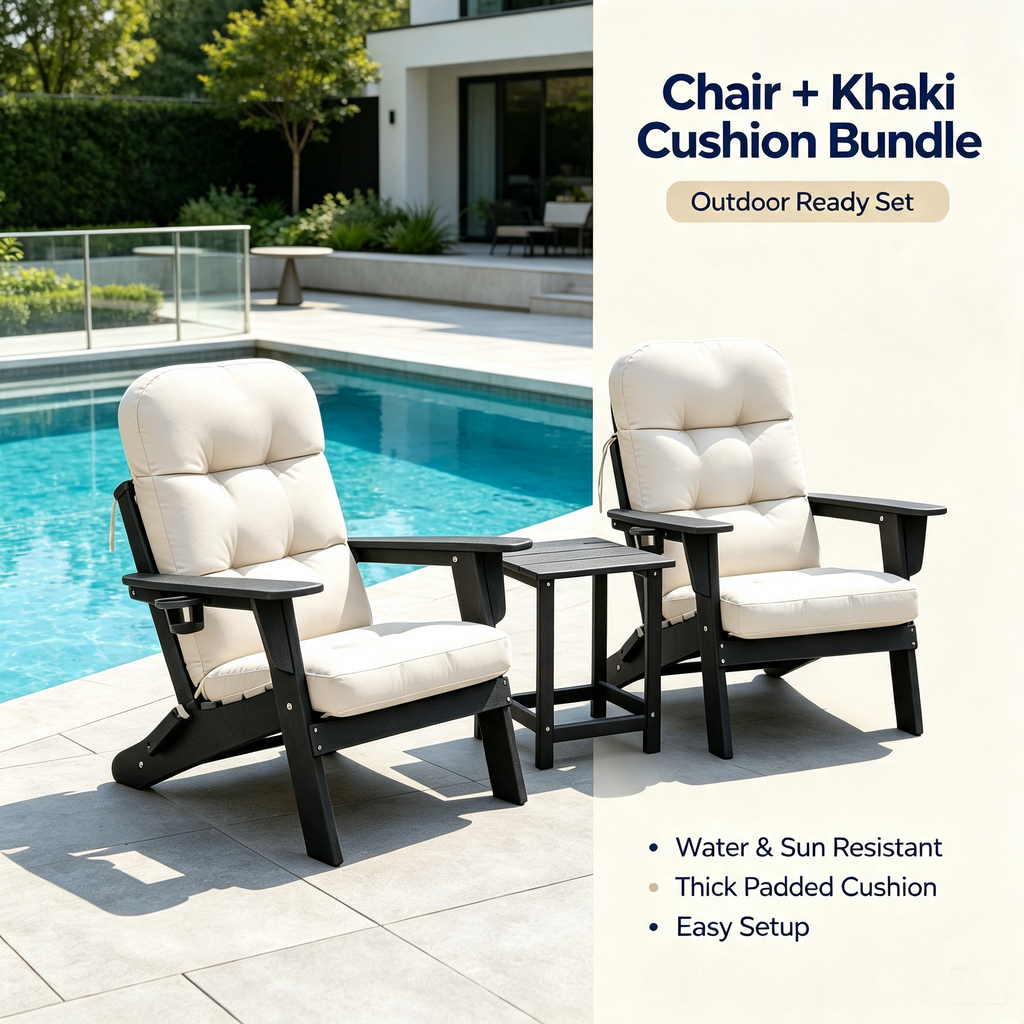 3-piece folding Adirondack chair set with cushions, patio fireplace chair, outdoor weather-resistant chair, with cup holder and coffee table, suitable for patio, backyard, and garden.