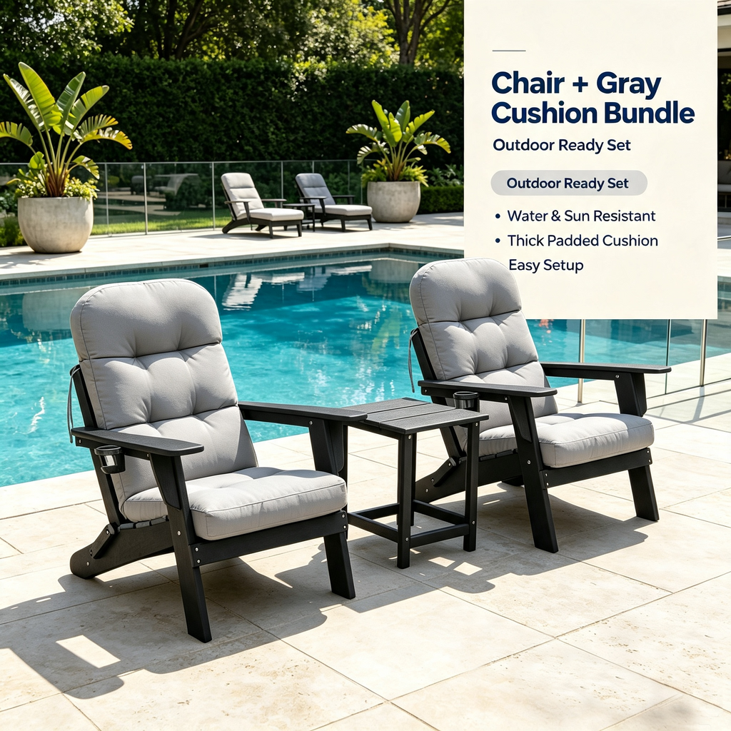 3-piece folding Adirondack chair set with cushions, patio fireplace chair, outdoor weather-resistant chair, with cup holder and coffee table, suitable for patio, backyard, and garden.