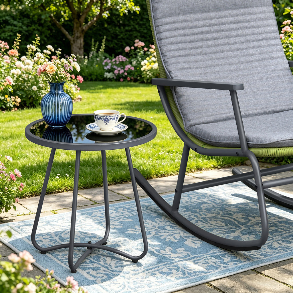 Arttoreal  Outdoor Side Table, 17.3" Round Glass Top Patio End Table, 17.7" Height with Metal Frame for Backyard, Deck, Balcony