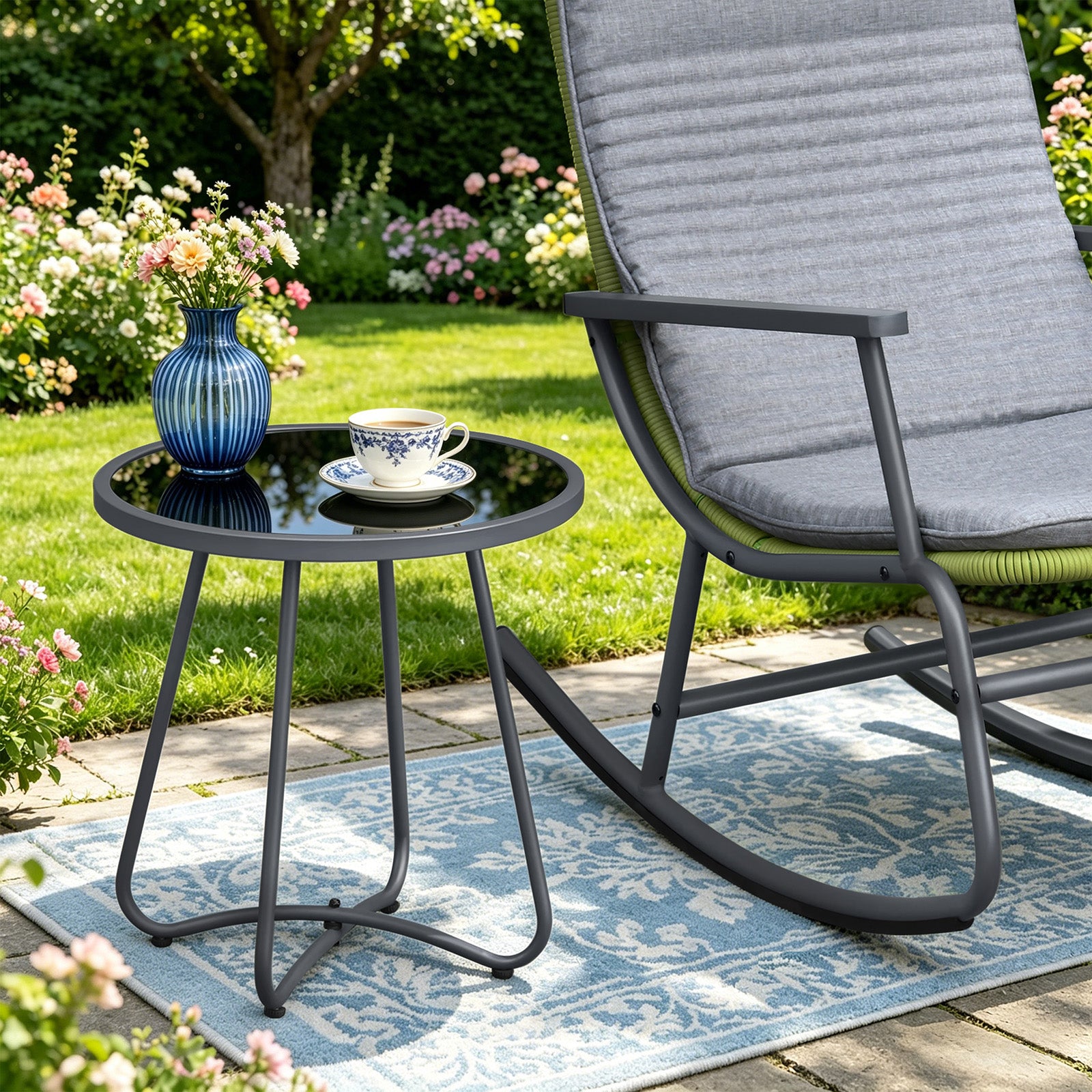 Arttoreal  Outdoor Side Table, 17.3" Round Glass Top Patio End Table, 17.7" Height with Metal Frame for Backyard, Deck, Balcony