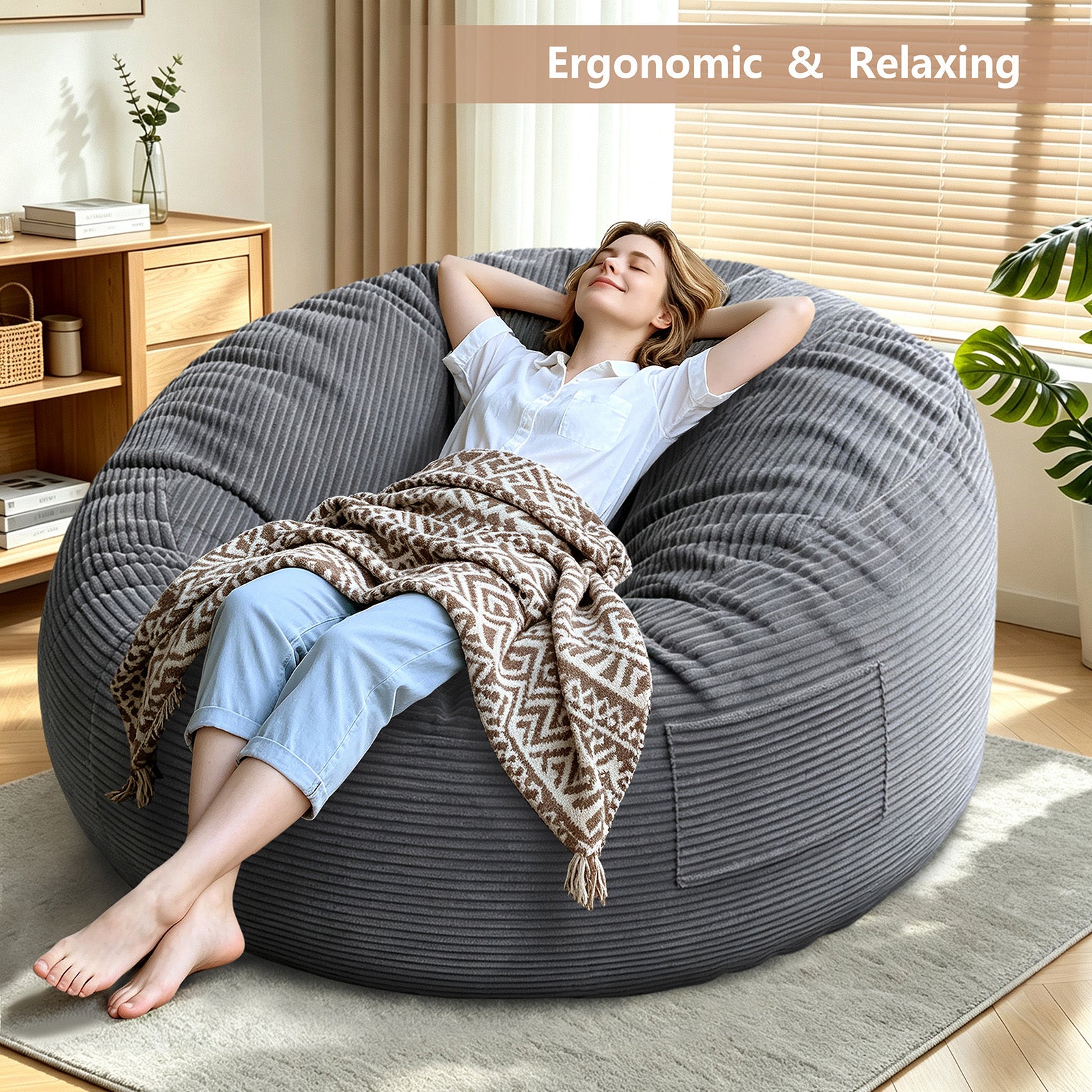 Arttoreal Bean Bag Chair with Foot Stool, 40.5" Corduroy Bean Bag Sofa for Living Room Bedroom