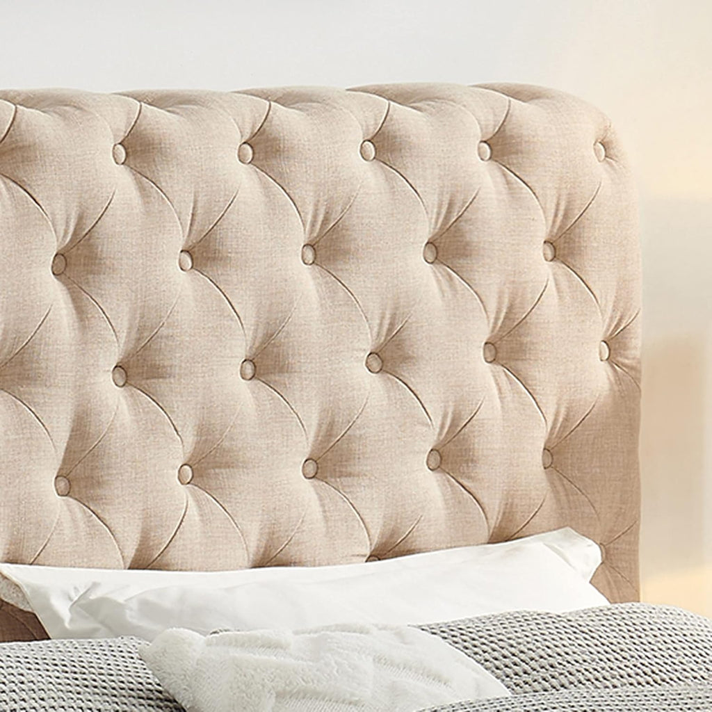 Upholstered Tufted Platform Bed with Deep Button Tufting and Custom Gold Metal Legs, Queen Size Bed Frame, Easy to Assemble, Queen Size Bed Frame