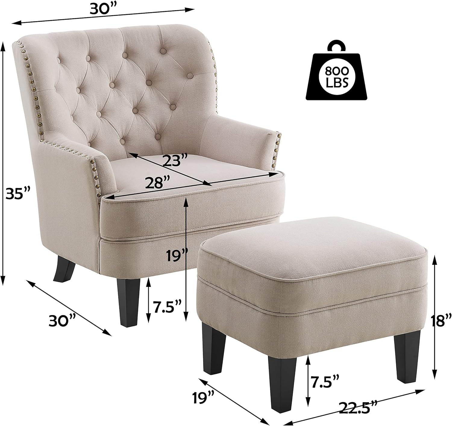 Bedroom armchair with footrest, with height adjustment and button tufting, large size, beige
