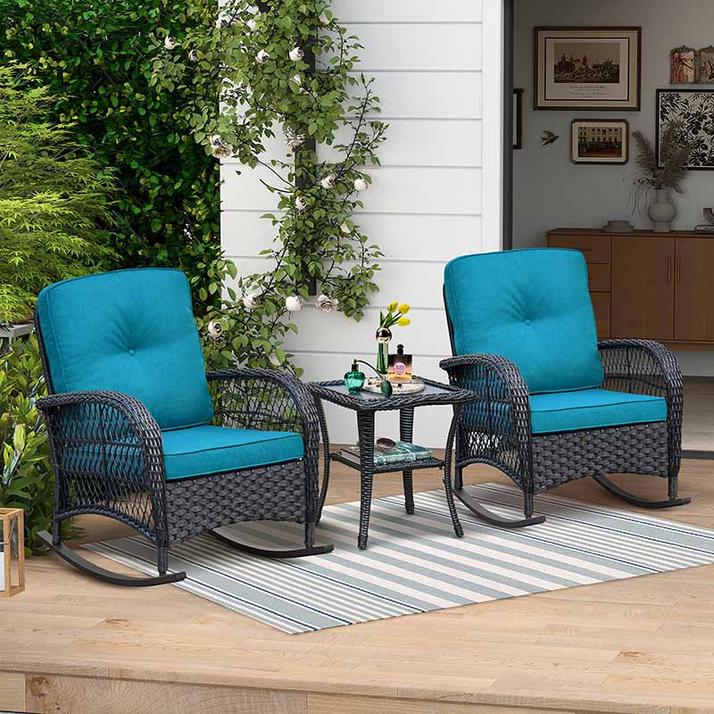 3 Pieces Outdoor Wicker Rocking Chair Set/Patio Conversation Set with 2 Rattan Rocker Chairs and Glass Coffee Table