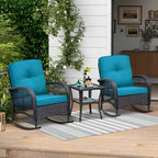 3 Pieces Outdoor Wicker Rocking Chair Set/Patio Conversation Set with 2 Rattan Rocker Chairs and Glass Coffee Table
