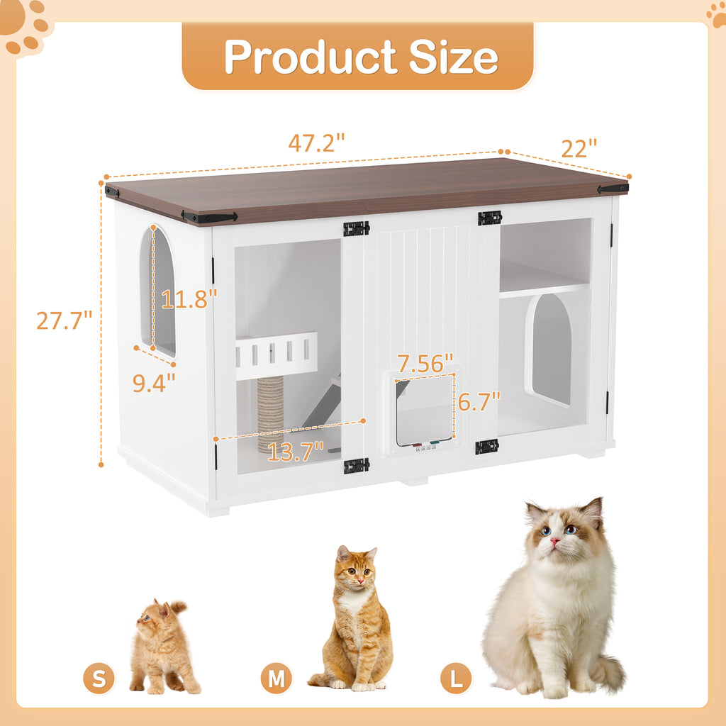 47.25" Large Cat Litter Box Enclosure with LED Light, Hidden Litter Box Furniture, Cat House with Stairs and Cat Scratching Post, Cat Cabinet Side Table with Smart Doors for Living Room, White