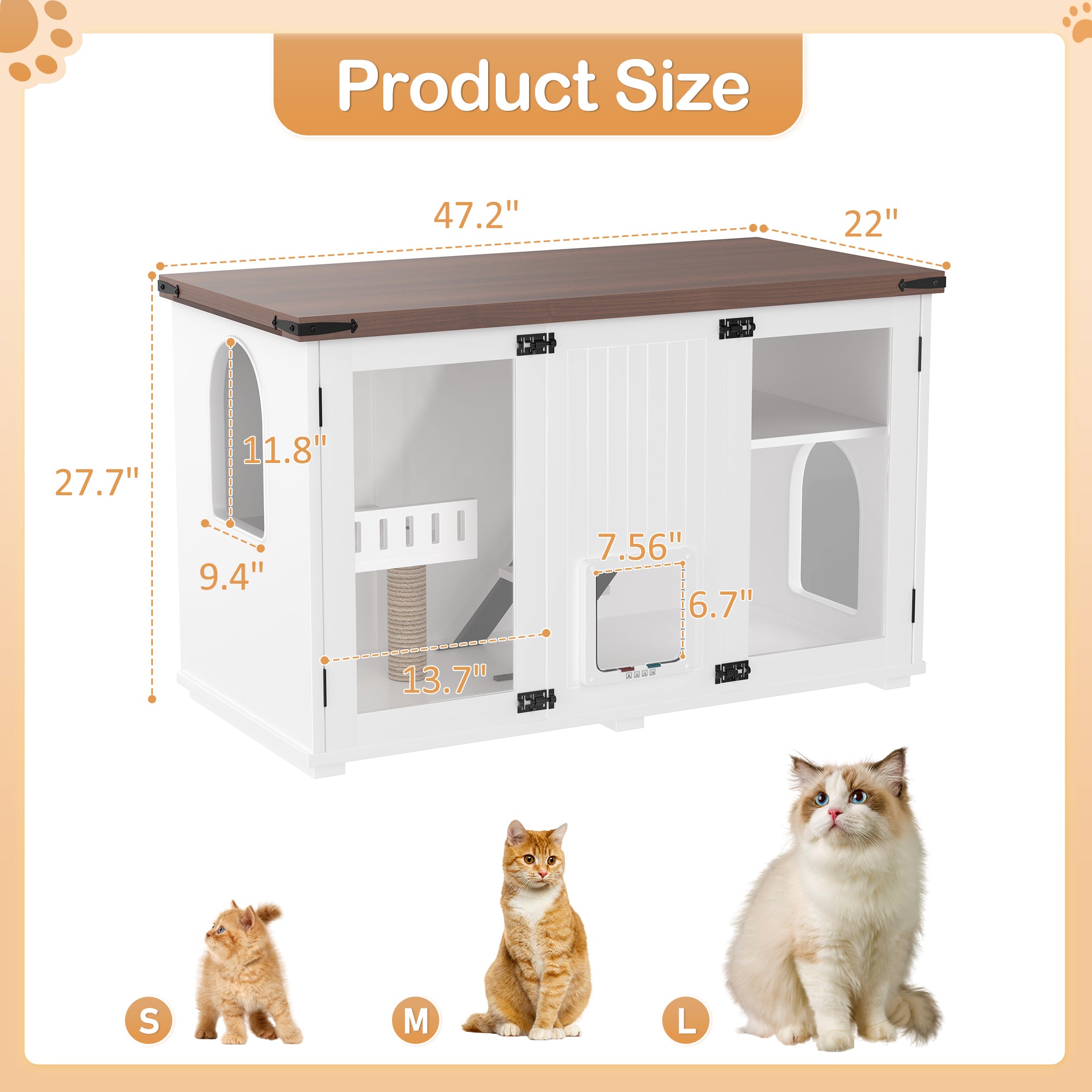 47.25" Large Cat Litter Box Enclosure with LED Light, Hidden Litter Box Furniture, Cat House with Stairs and Cat Scratching Post, Cat Cabinet Side Table with Smart Doors for Living Room, White
