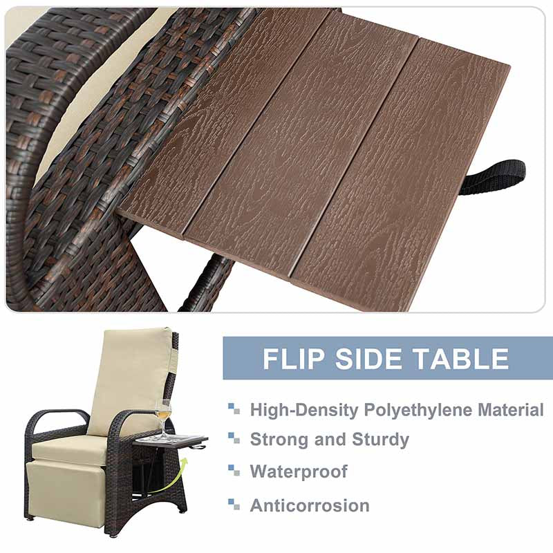 Outdoor Wicker Recliner Chair / All-Weather PE Rattan Reclining / Patio Chairs with Flip Side Table, Khaki