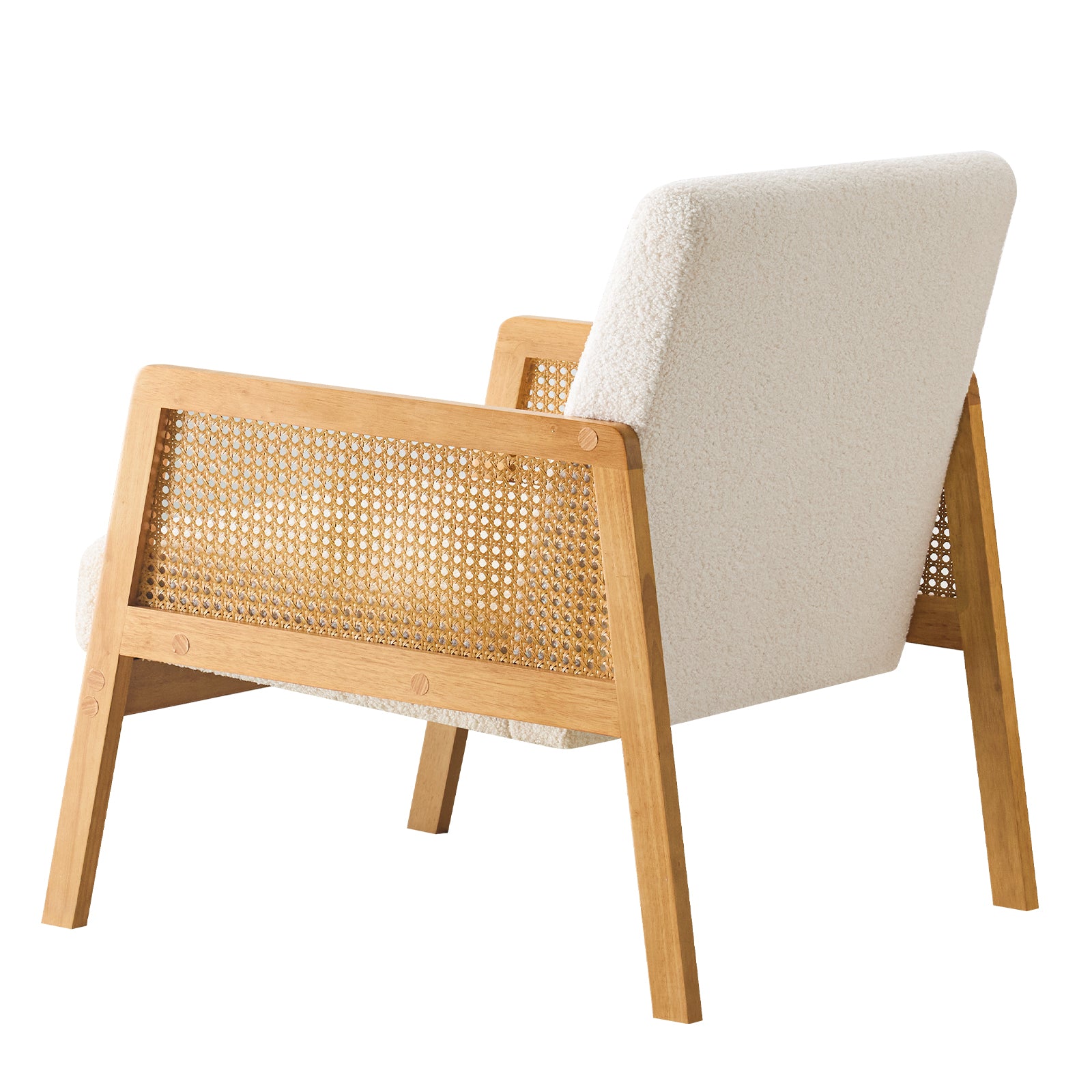 Mid-Century Modern Chair Upholstered in Sherpa Fabric Lounge Armchair, Solid Wood Frame and Upholstered, Suitable for Living Room, Bedroom, Balcony, Ivory White
