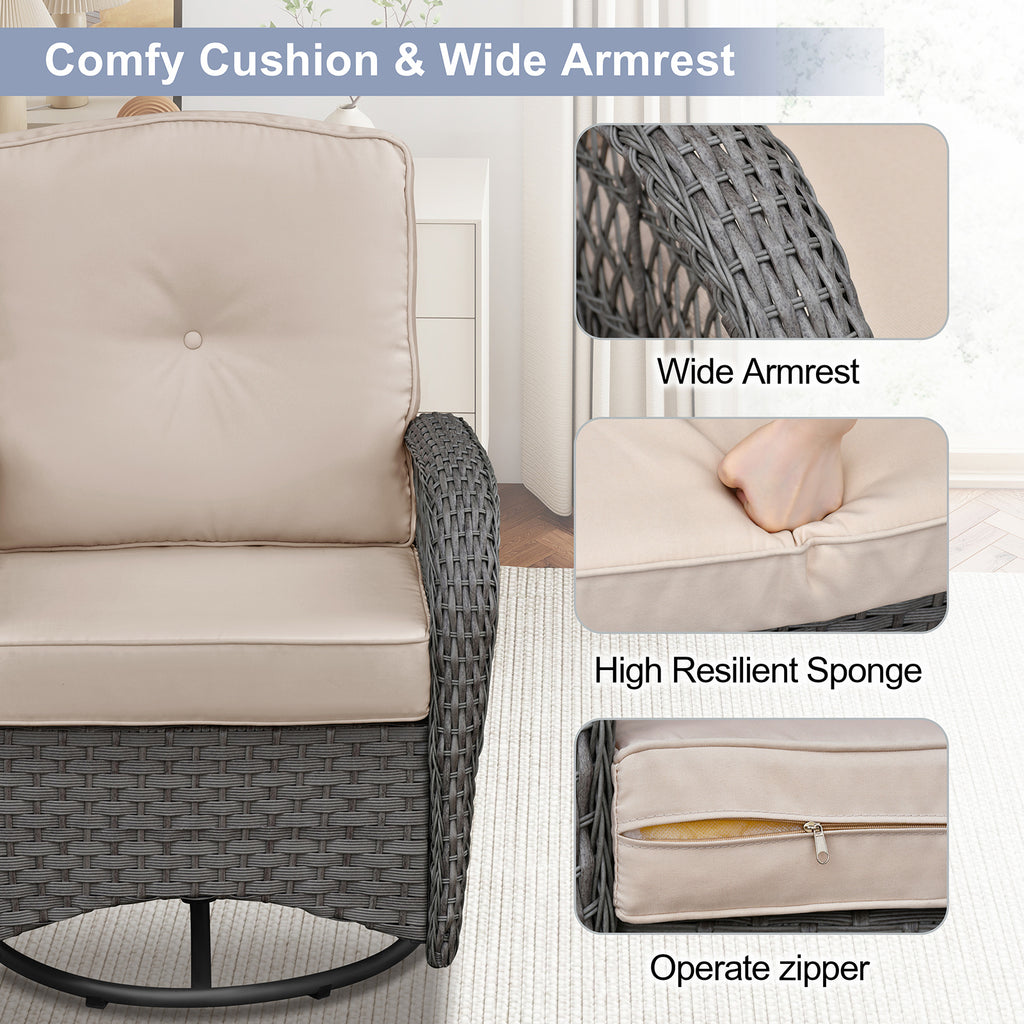 Arttoreal Outdoor Swivel Rocker Patio Chairs Set of 2 and Matching Side Table / 3 Piece Wicker Patio Bistro Set with Premium Fabric Cushions
