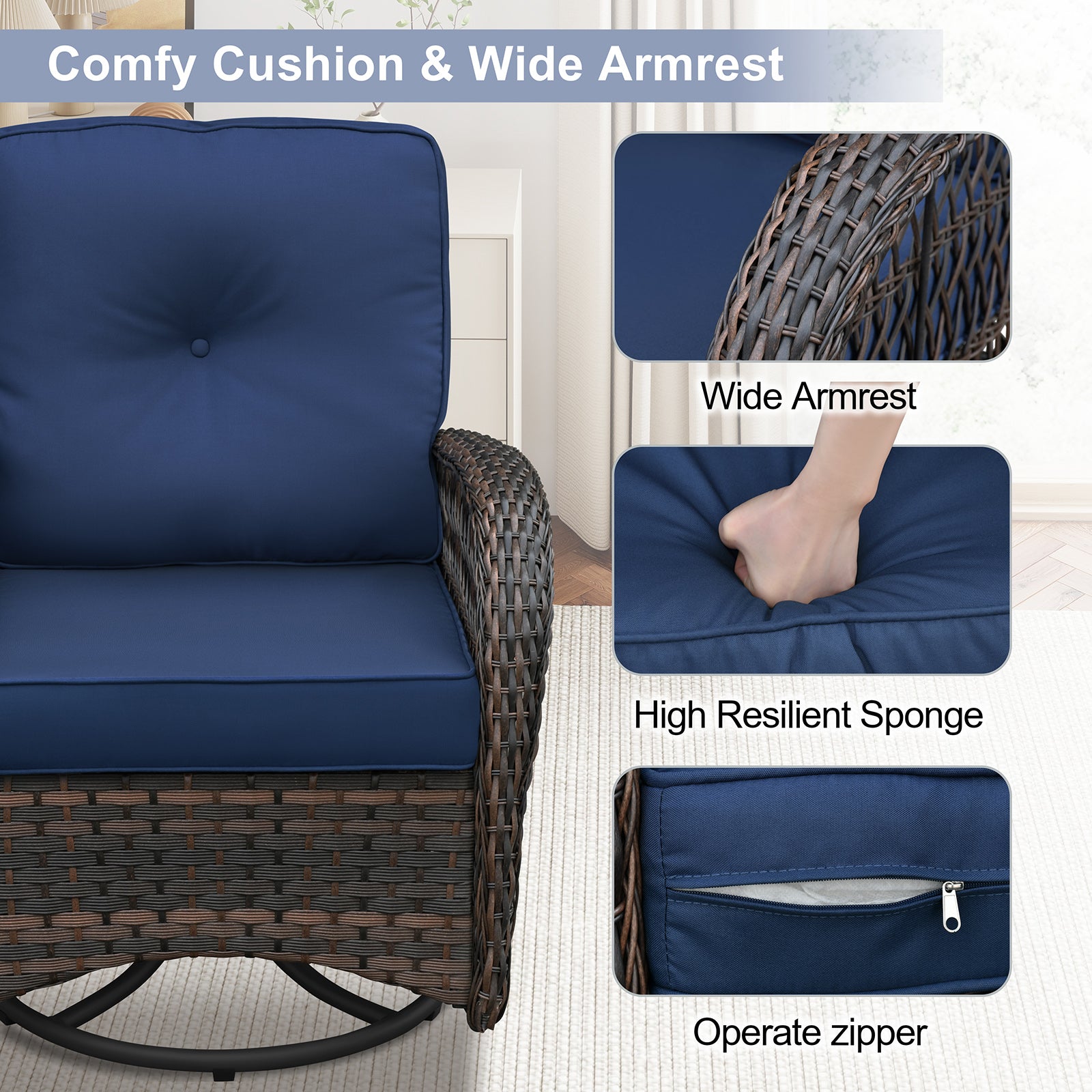 Arttoreal Outdoor Swivel Rocker Patio Chairs Set of 2 and Matching Side Table / 3 Piece Wicker Patio Bistro Set with Premium Fabric Cushions