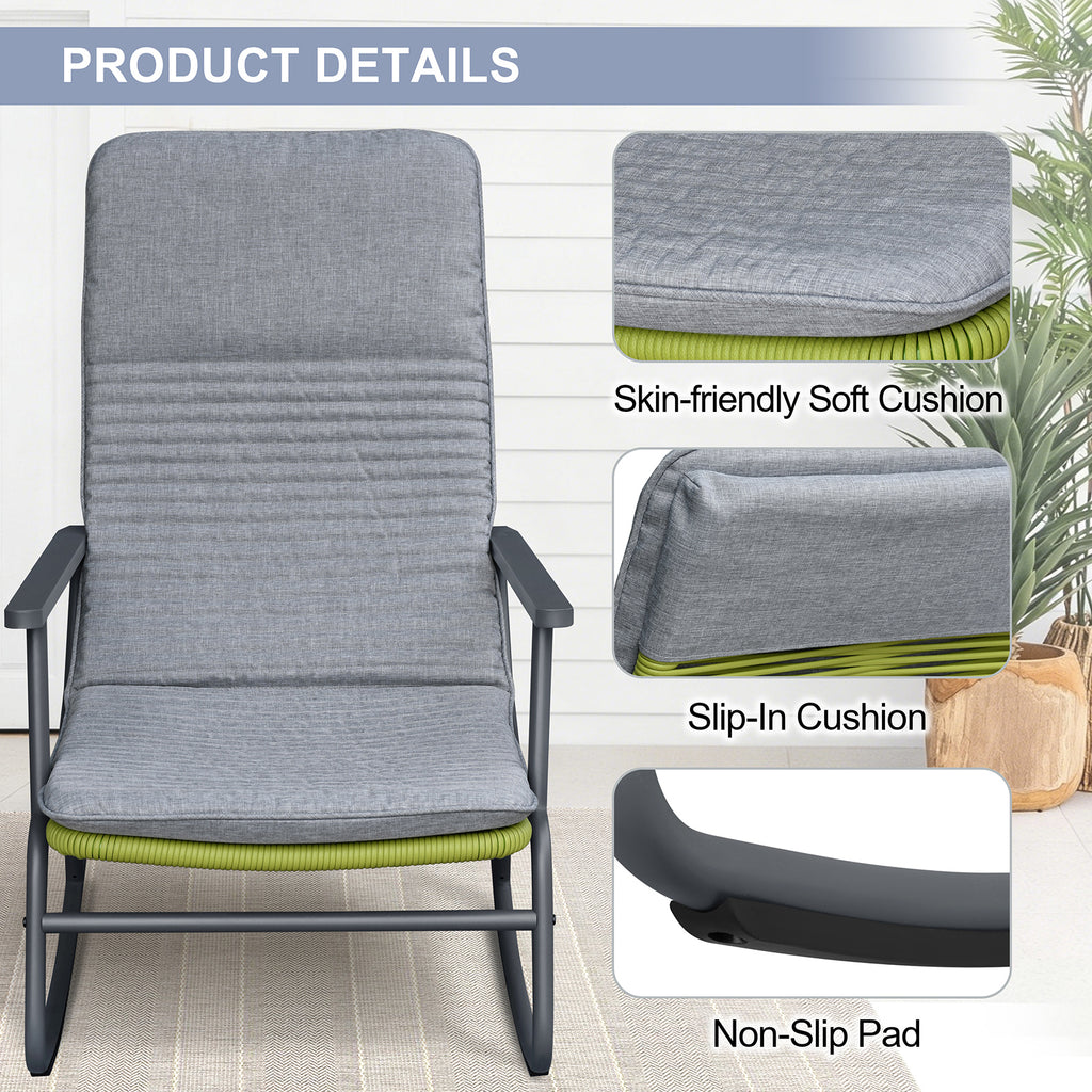 Arttoreal 3-Piece Patio Rocking Chair Bistro Set, Heavy Duty 330 LBS Rocking Chairs with 17.3" Side Table, Gray Cushion & Green Wicker for Garden, Balcony