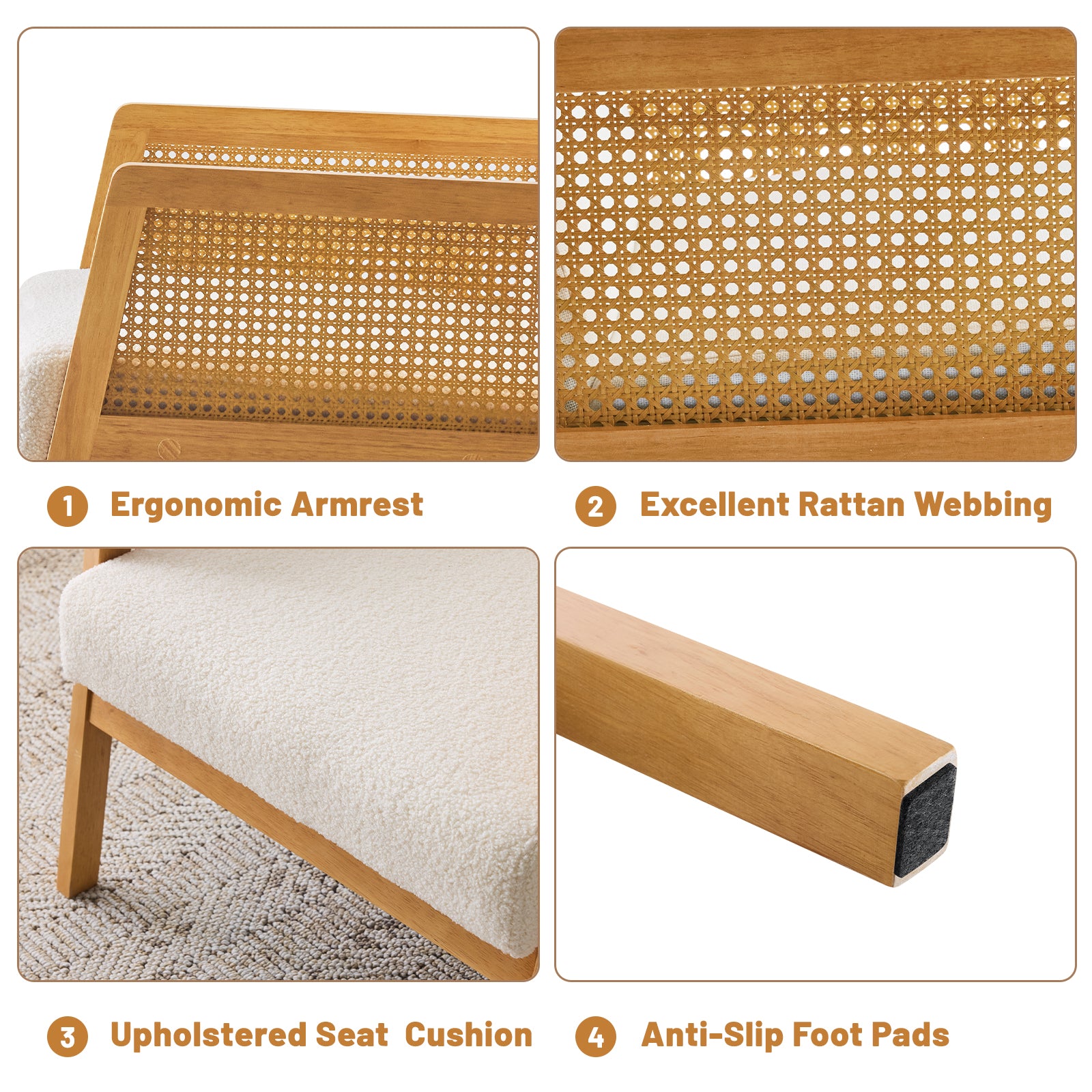 Mid-Century Modern Chair Upholstered in Sherpa Fabric Lounge Armchair, Solid Wood Frame and Upholstered, Suitable for Living Room, Bedroom, Balcony, Ivory White