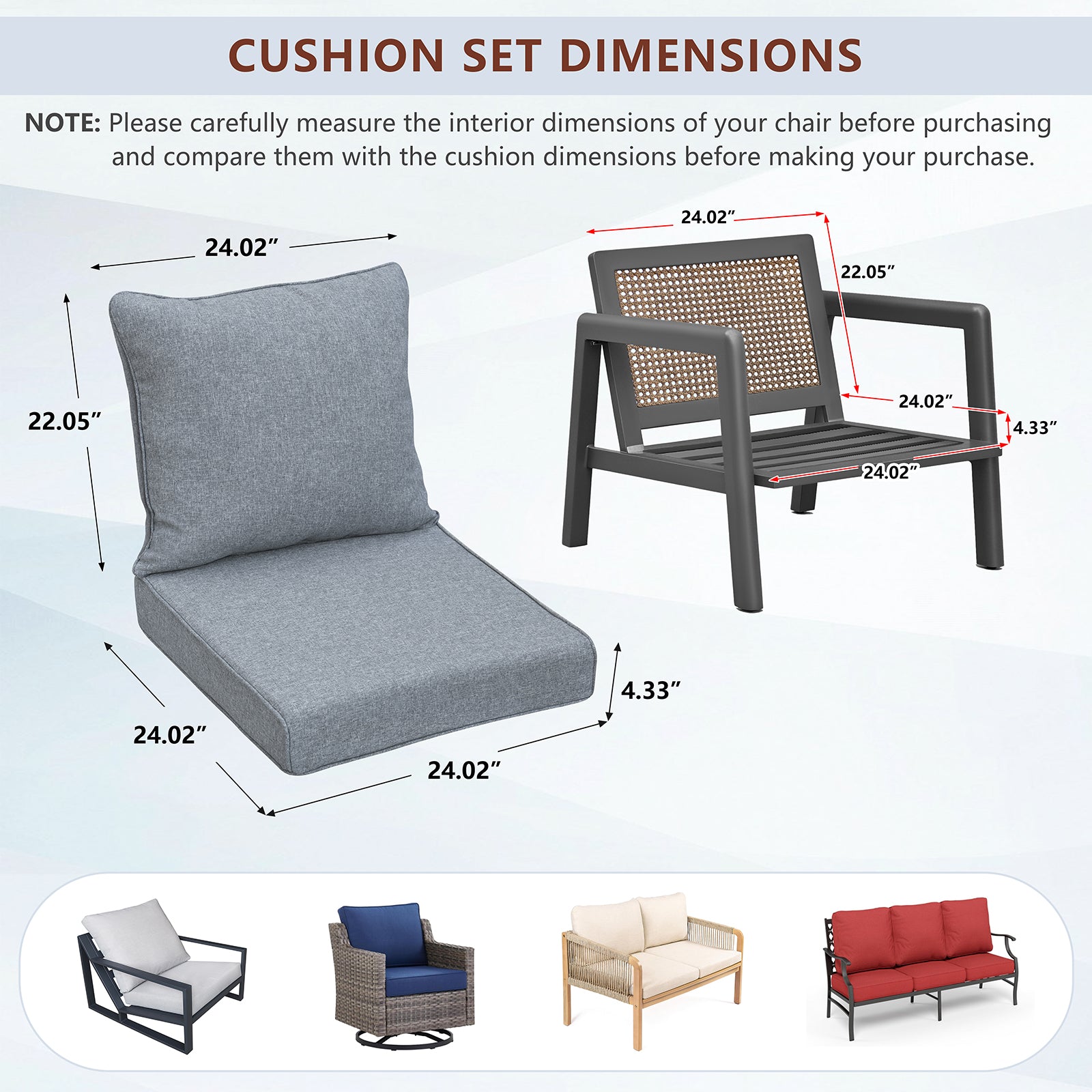 Arttoreal Outdoor Deep Seat Cushion Set, 24 x 22 x 4.3 in Seat and Back Replacement Cushions for Patio Furniture, Water-Resistant Fabric